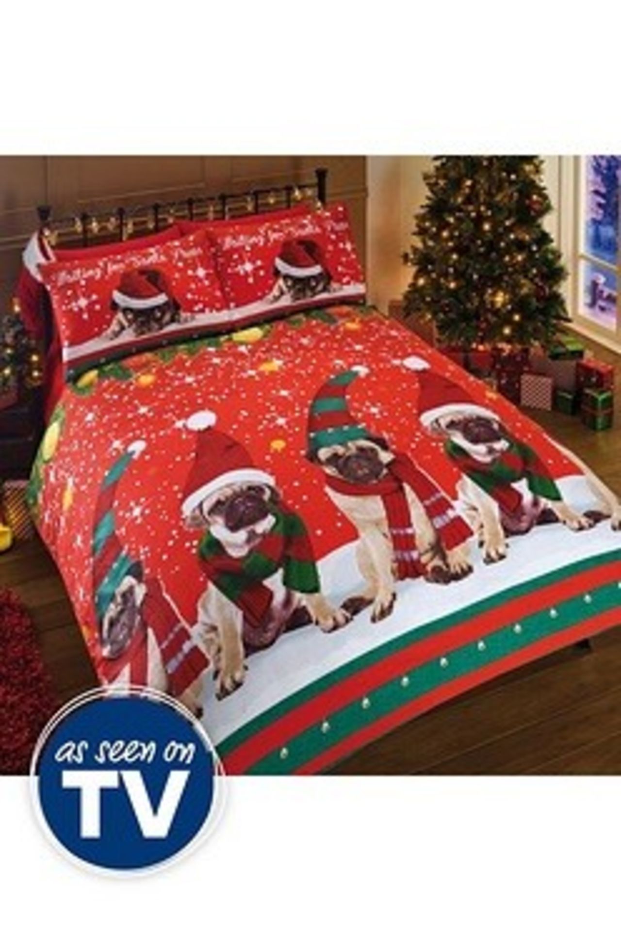 1 PACKAGED CHRISTMAS PUG PARTY SINGLE DUVET IN RED (VIEWING HIGHLY RECOMMENDED)
