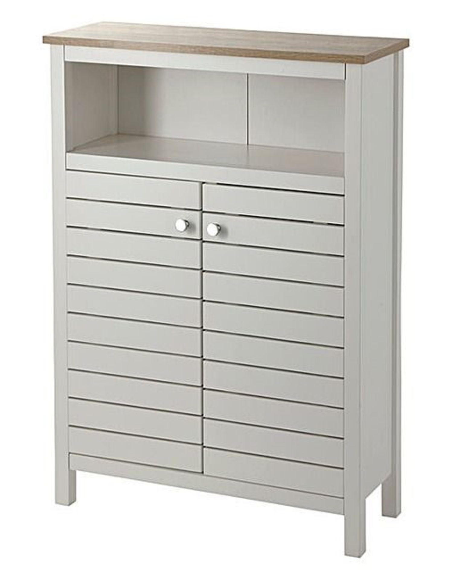 1 BOXED WHITEHAVEN WIDE CONSOLE UNIT WITH 2 DOORS IN OFF WHITE AND OAK / RRP £119.95 (VIEWING HIGHLY