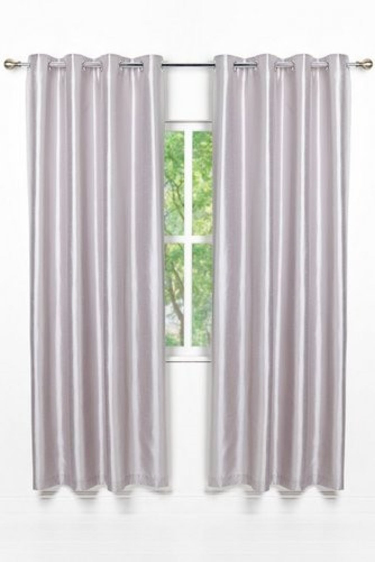1 AS NEW PAIR OF FAUX SILK EYELET CURTAINS IN SILVER 66 X54 (VIEWING HIGHLY RECOMMENDED)