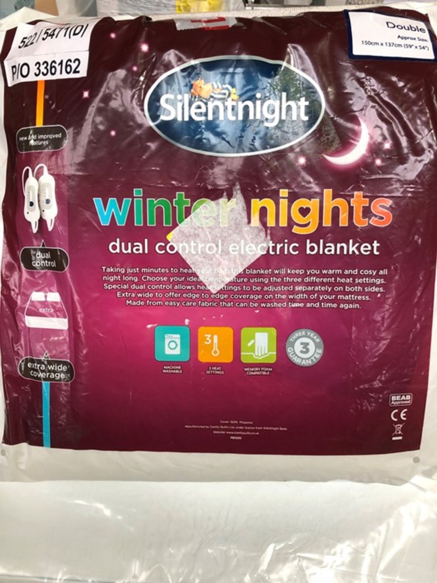 1 BAGGED SILENTNIGHT DUAL CONTROL ELECTRIC BLANKET / SIZE - DOUBLE (VIEWING HIGHLY RECOMMENDED)