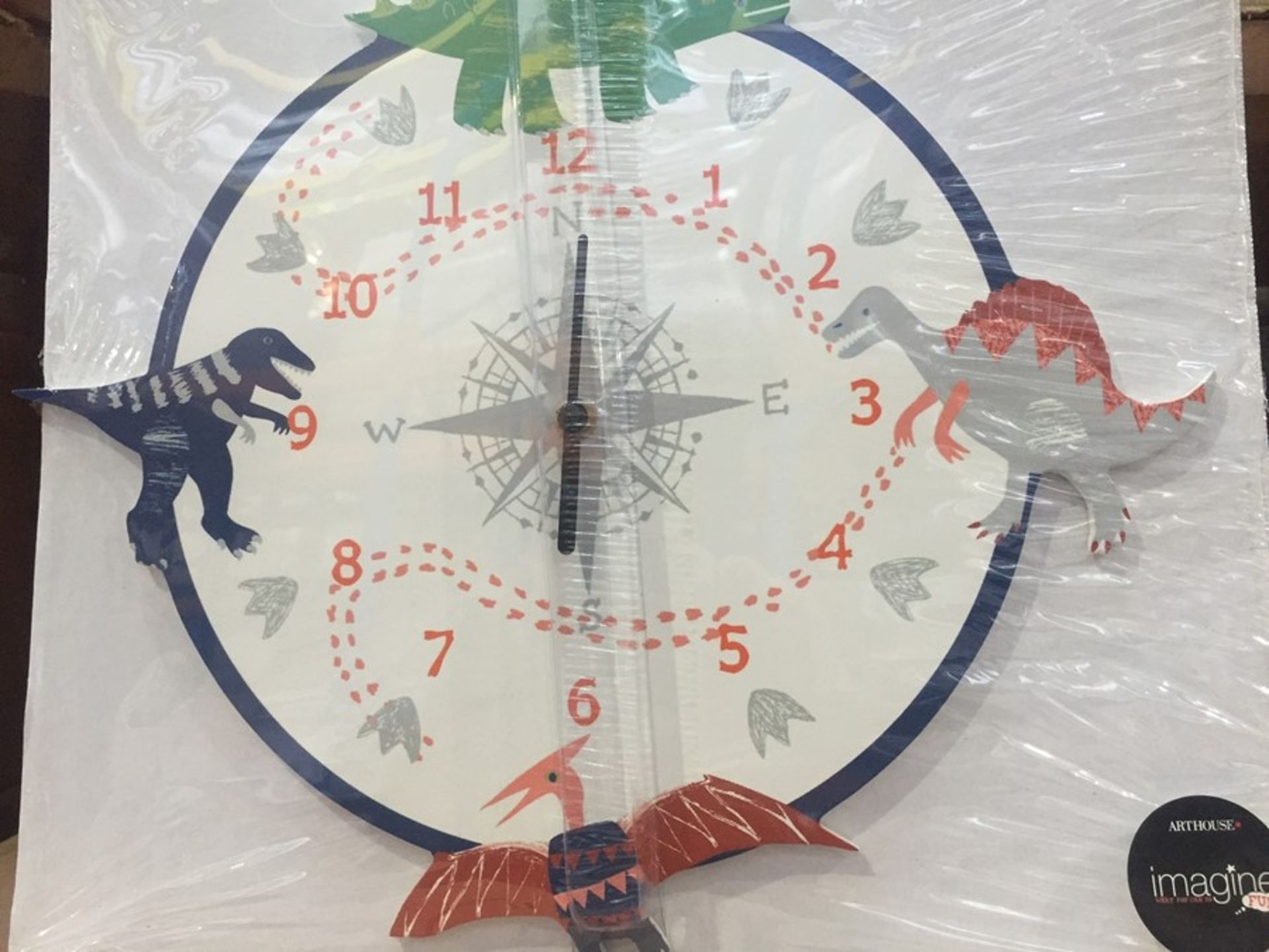 4 BRAND NEW BOXED ARTHOUSE DINO DOODLES WALL CLOCKS 34CM X 34CM / RRP £48.00 (VIEWING HIGHLY