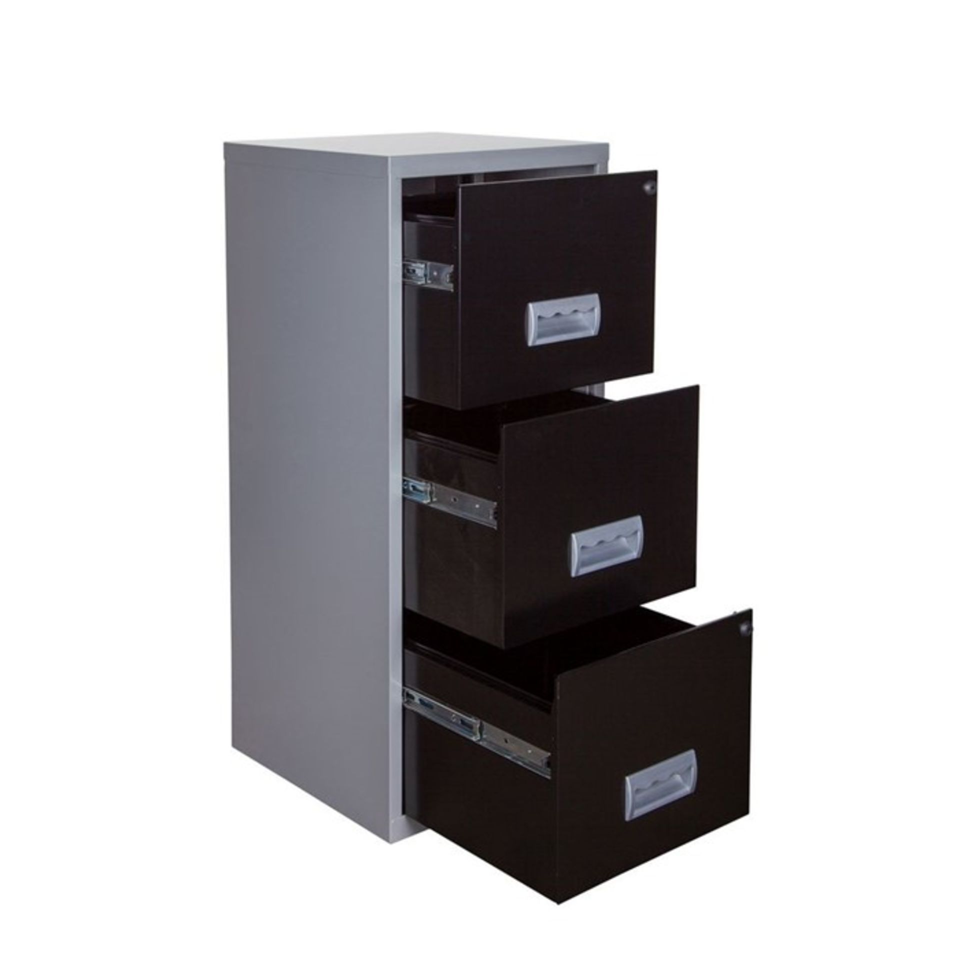 1 AS NEW 3 DRAWER FILING CABINET, SILVER AND BLACK