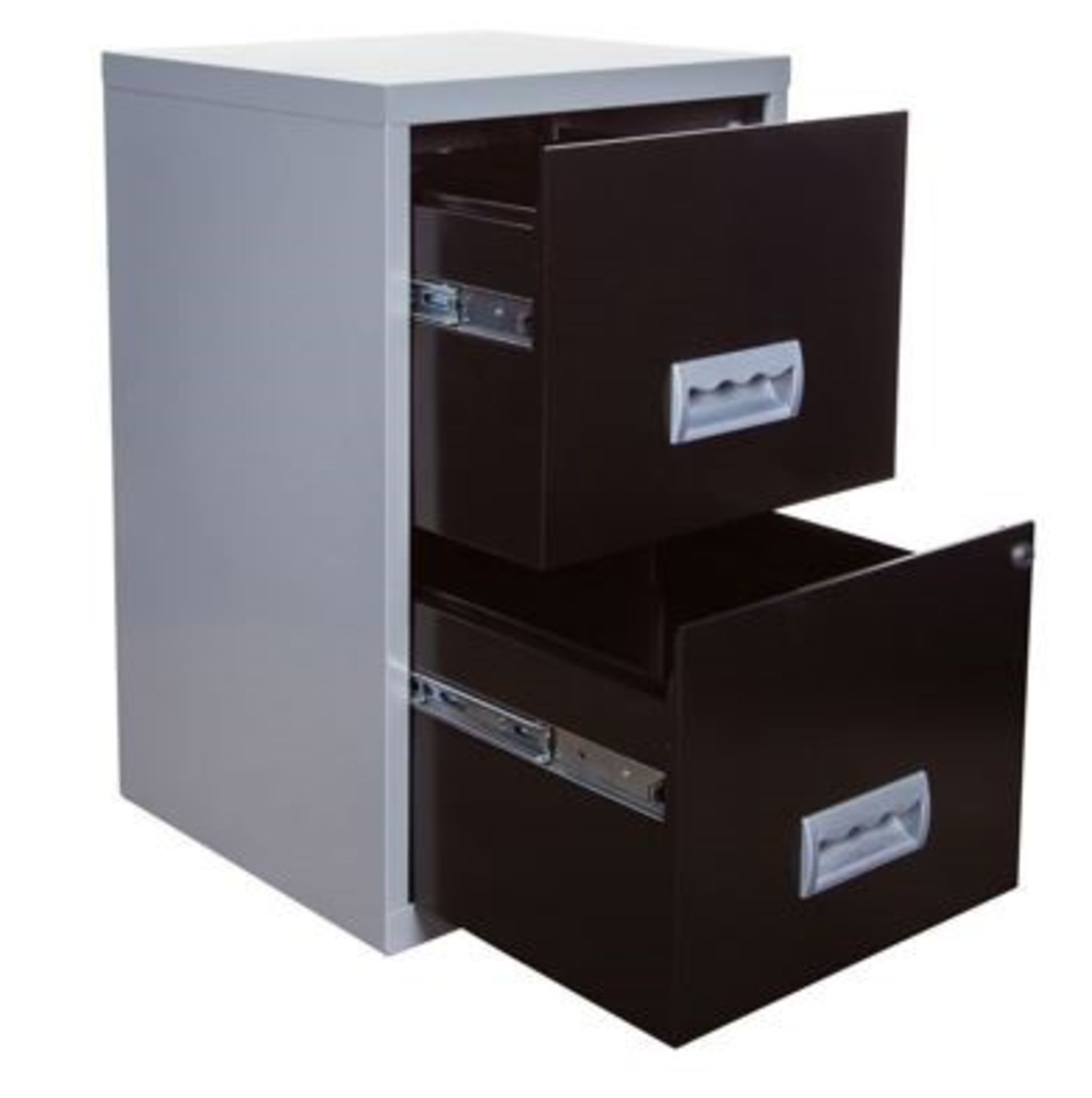 1 2 DRAWER SILVER AND BLACK FILING CABINET / P/N -