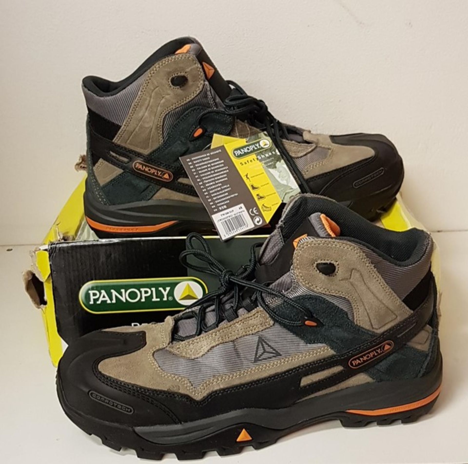1 BOXED PANOPLY SAFETY BOOTS IN BEIGE/GREY, SIZE 13 (VIEWING HIGHLY RECOMMENDED)