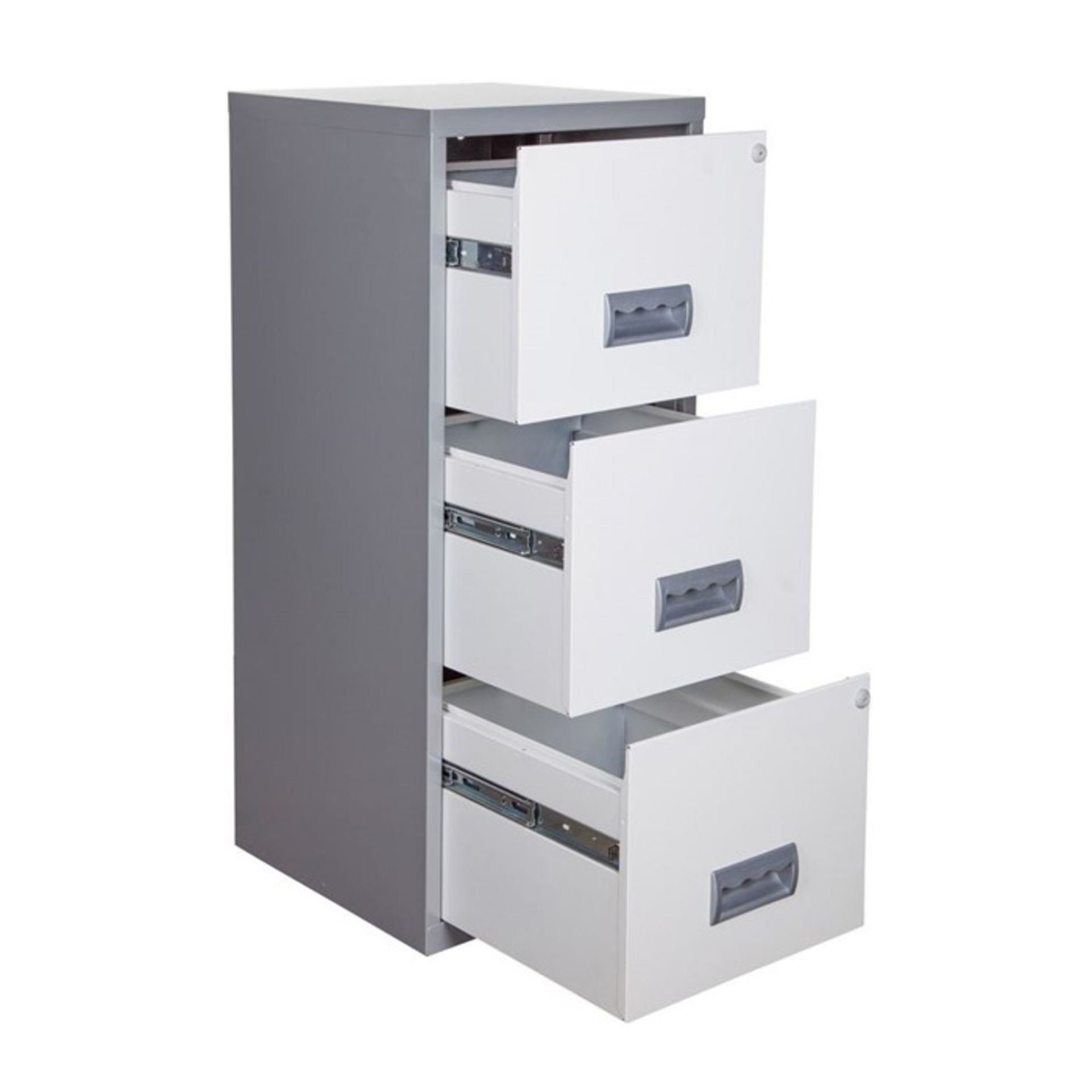 1 GRADE B 3 DRAWER BISLEY FILING CABINET IN WHITE/SILVER / PN - 215 / RRP £71.99 (VIEWING HIGHLY