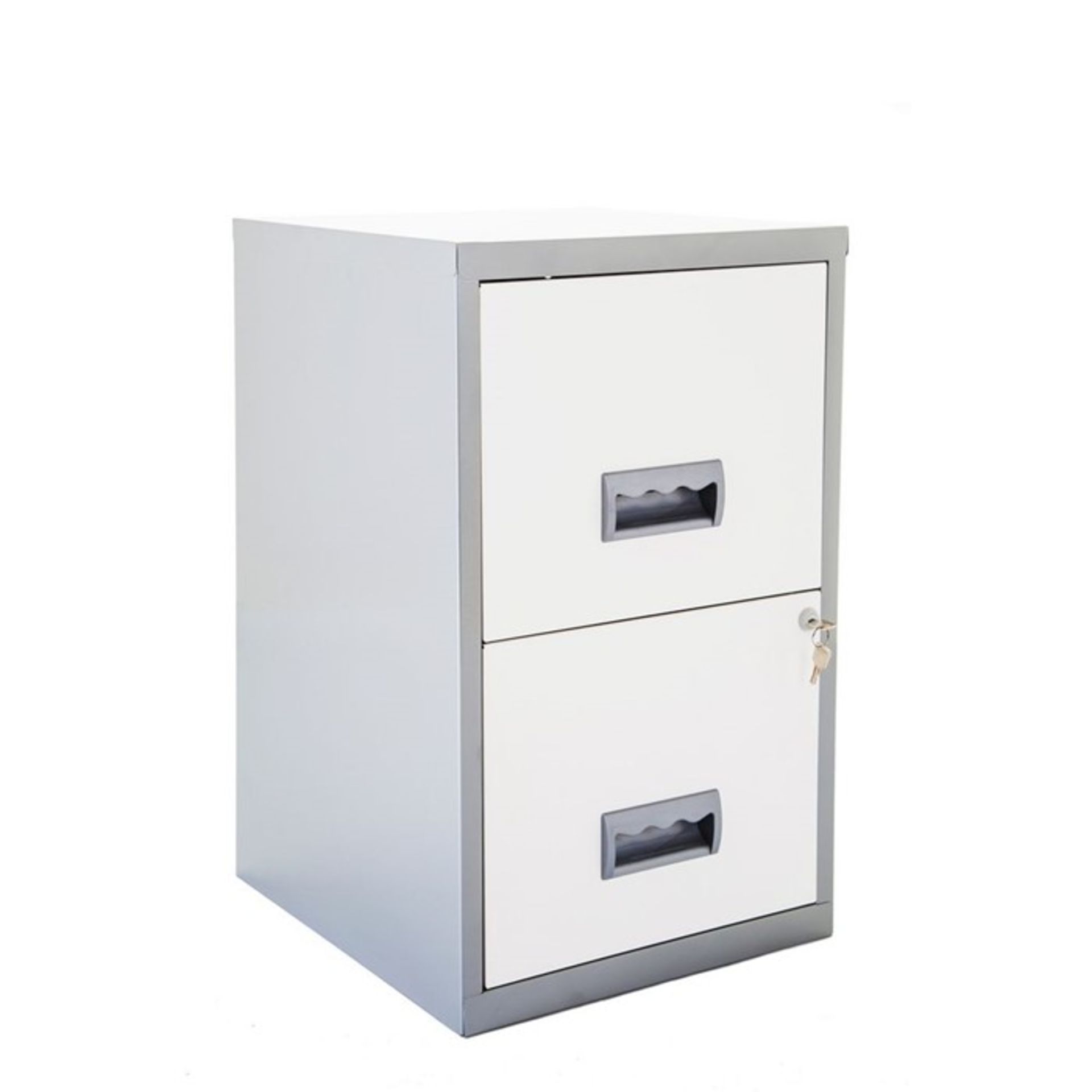 1 GRADE A 2 DRAWER BISLEY FILING CABINET IN WHITE/SILVER / PN - 215 / RRP £54.95 (VIEWING HIGHLY