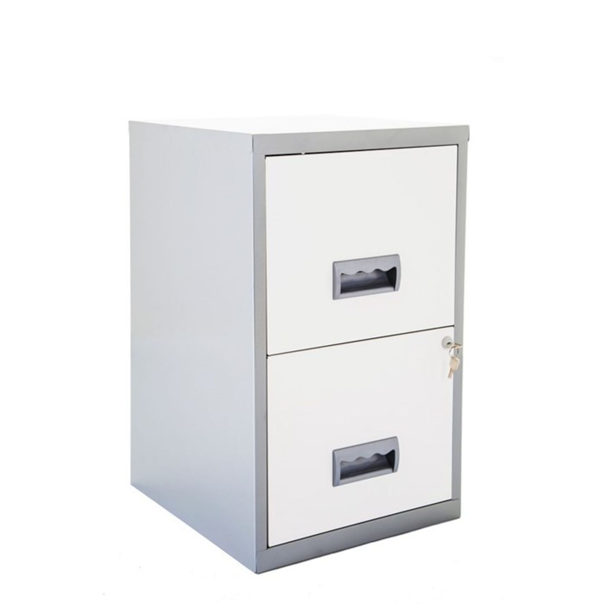1 GRADE B 2 DRAWER BISLEY FILING CABINET IN WHITE/SILVER / PN - 215 / RRP £54.95 (VIEWING HIGHLY