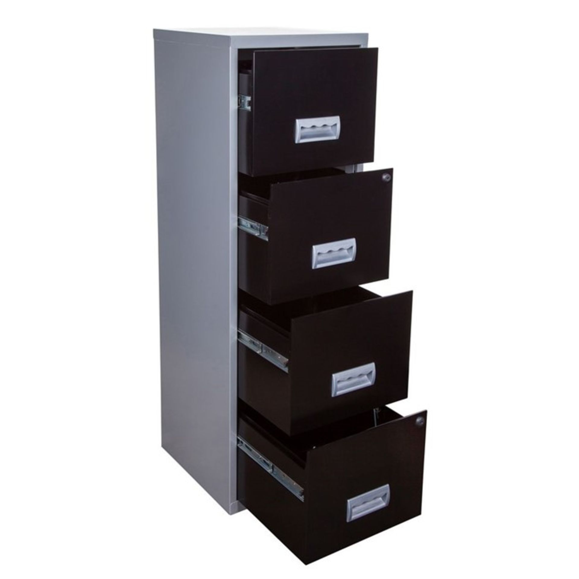 1 GRADE A 4 DRAWER MAXI A4 FILING CABINET IN SILVER/BLACK / PN - 215 / RRP £94.80 (VIEWING HIGHLY