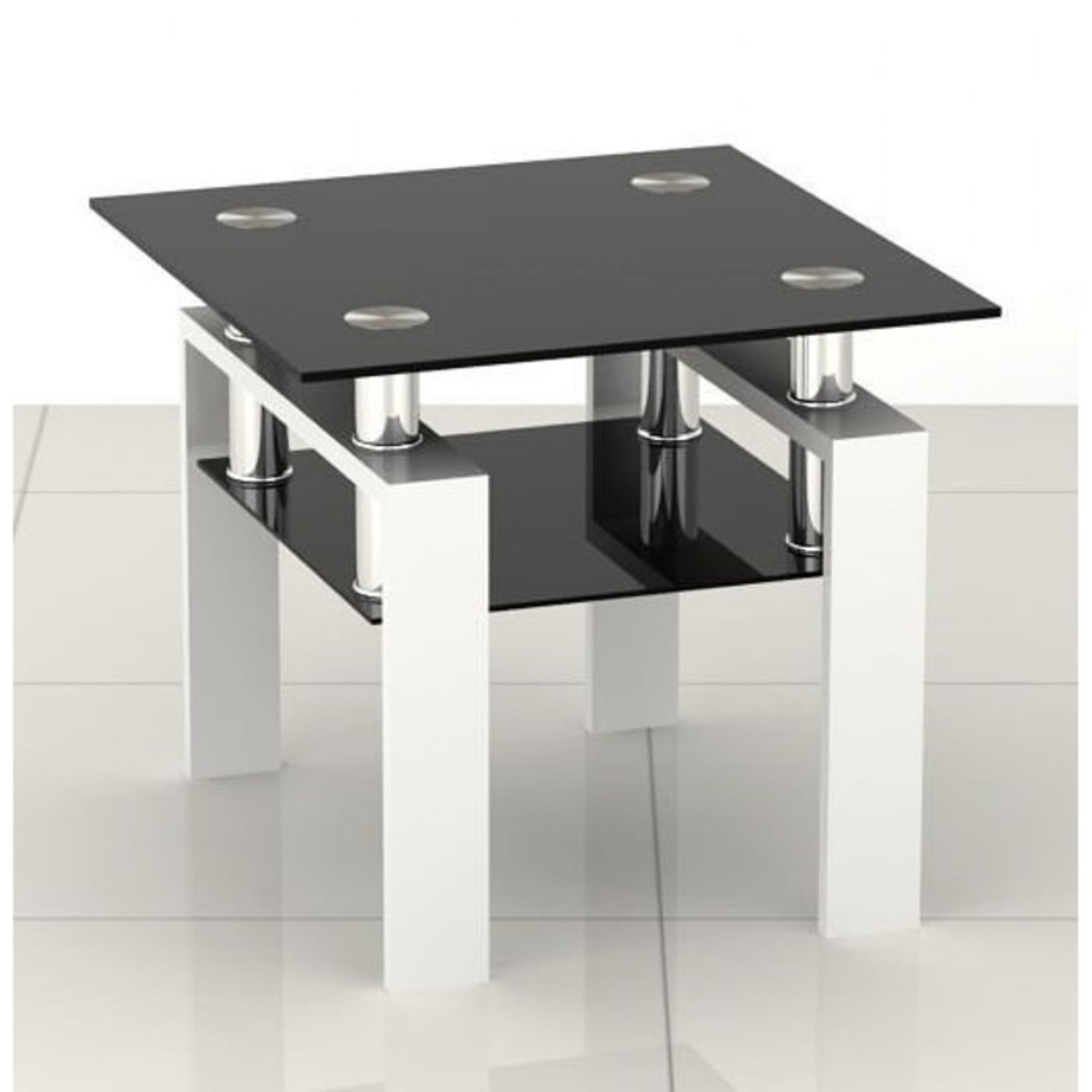 1 BRAND NEW BOXED COFFEE TABLE/LAMP TABLE WITH WHITE HIGH GLOSS LEGS, CHROME POSTS AND BLACK GLASS /