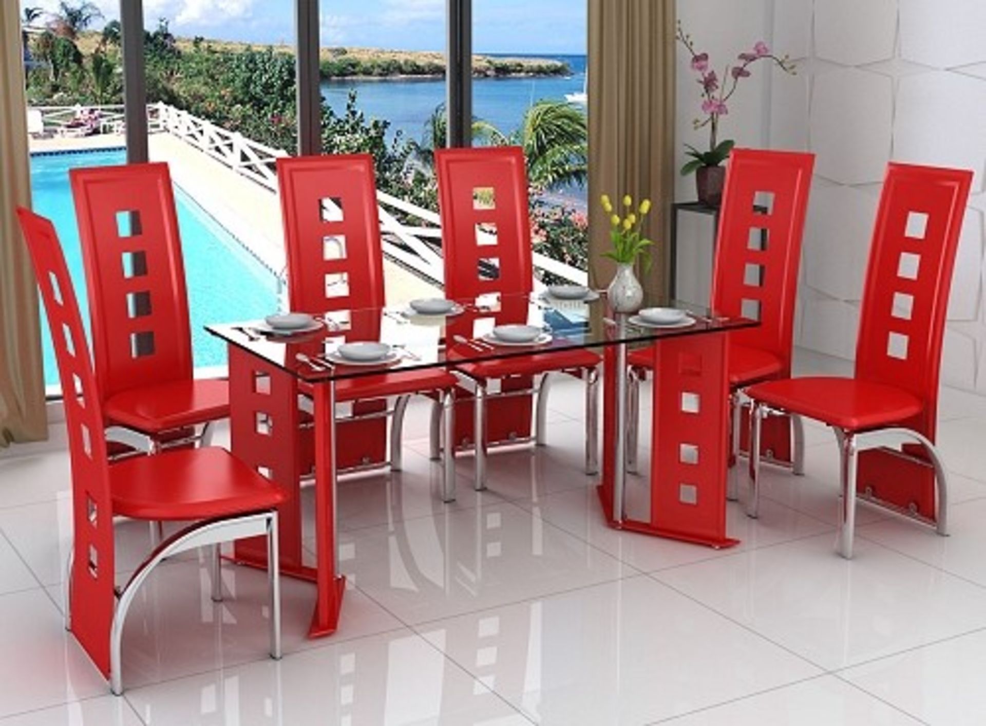 1 BRAND NEW BOXED 6 SEATER DINING TABLE WITH RED PU LEGS / DTBL002RED (PLEASE NOTE THIS LISTING IS