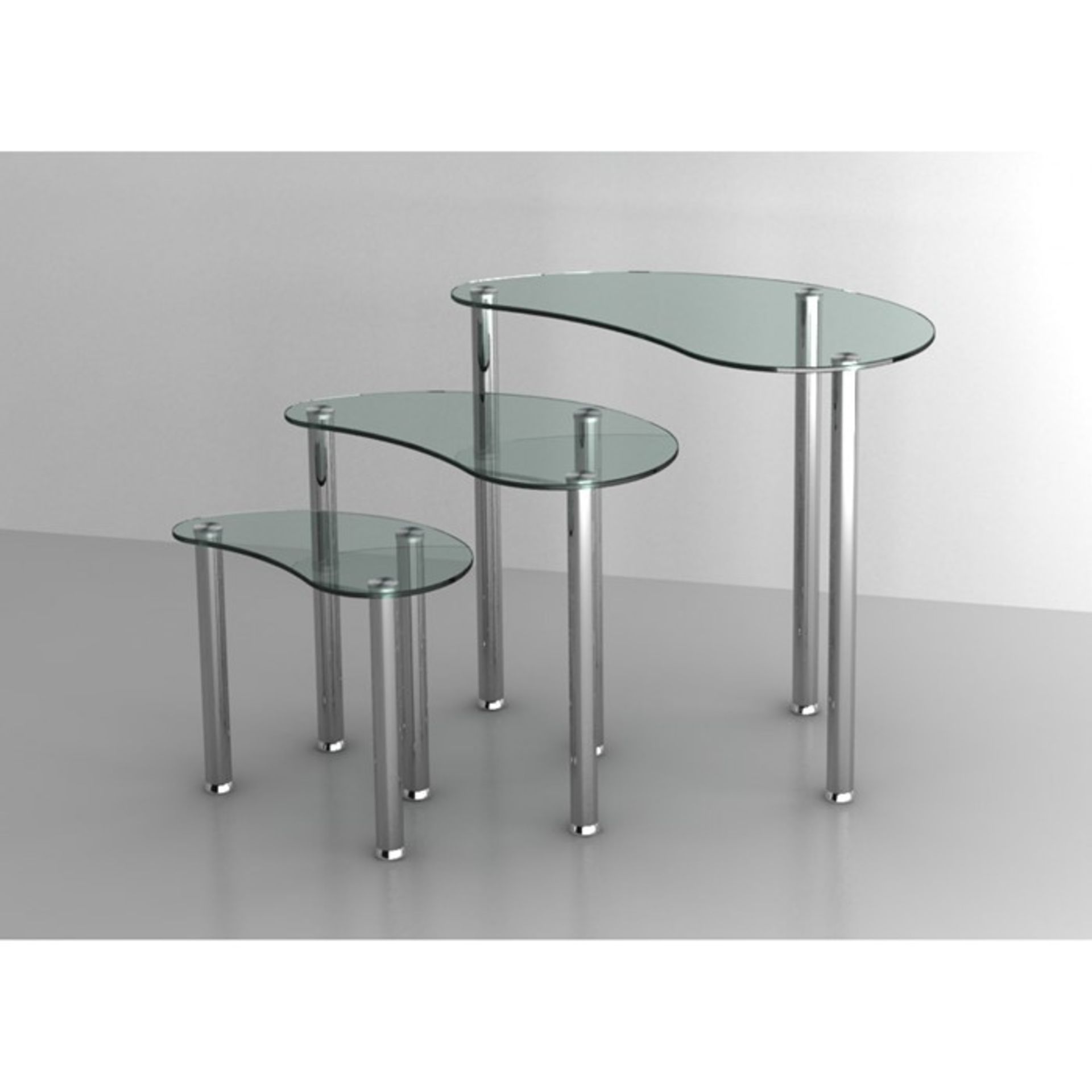 1 BRAND NEW BOXED SET OF THREE TEAR SHAPED NESTING TABLES IN CLEAR GLASS AND CHROME / BST008CLR