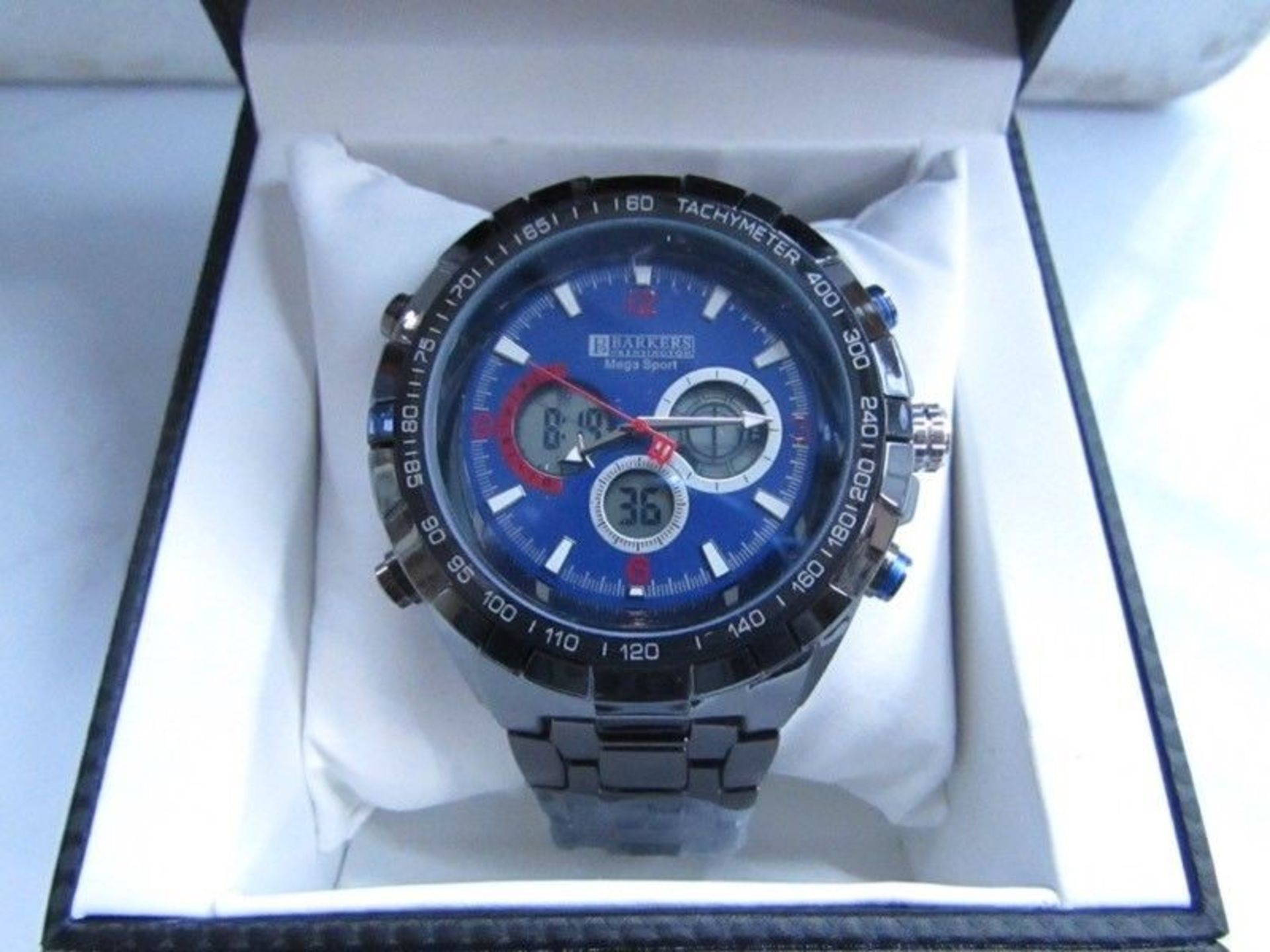 1 BRAND NEW BOXED BARKERS OF KENSINGTON MEGA SPORT WATCH IN BLUE / RRP £515.00 (VIEWING HIGHLY