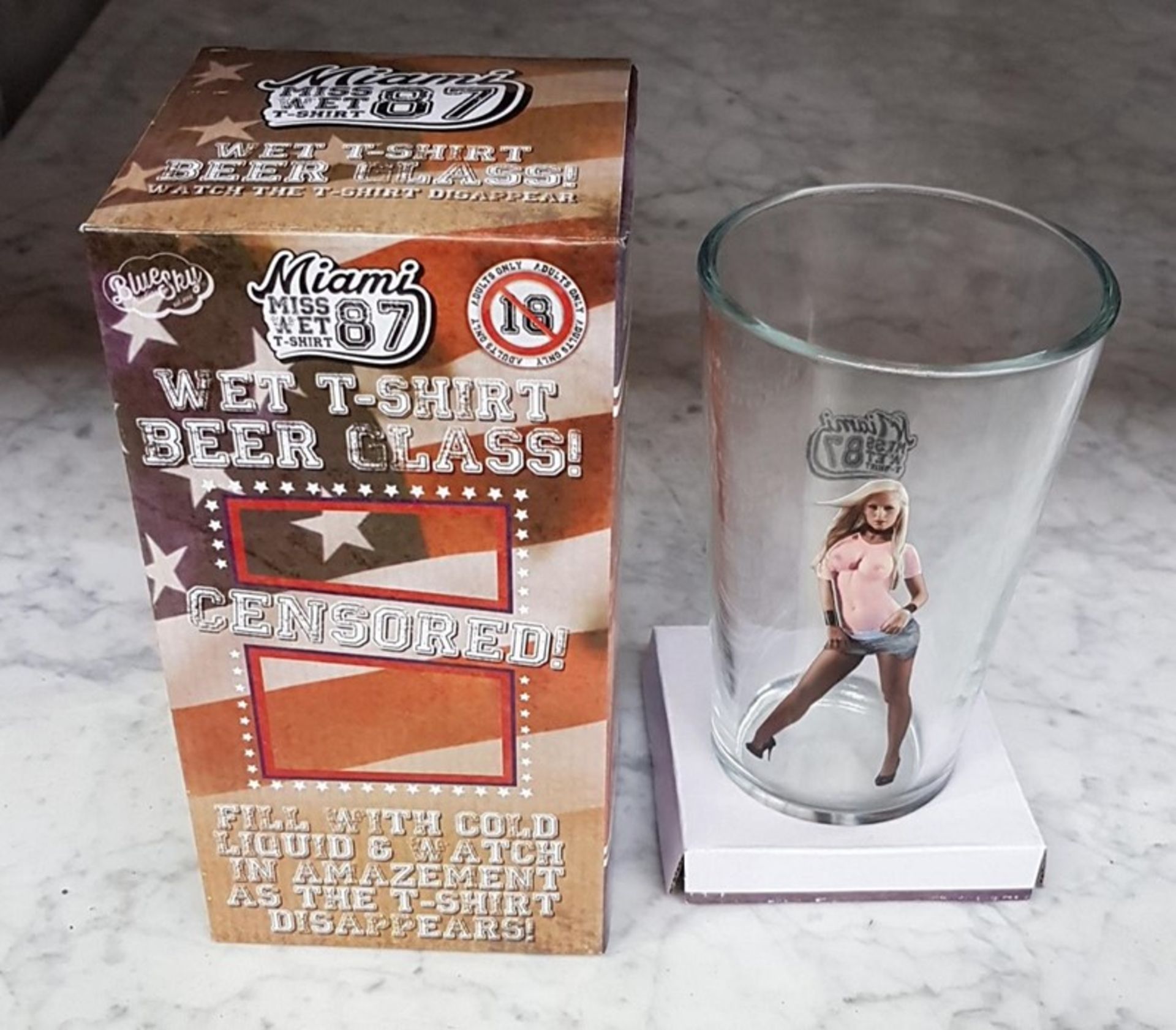 1 BOX OF 6 AS NEW MIAMI MISS WET T-SHIRT 87 BEER GLASS, FILL THE GLASS WITH LIQUID AND SEE THE T-