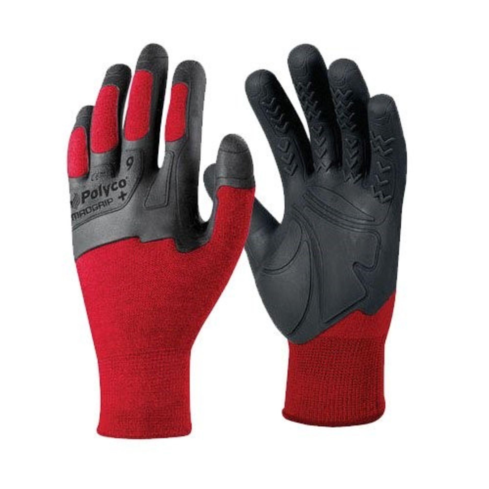1 AS NEW BAGGED PAIR OF POLYCO FIRE RISTANCE MADGRIP + SIZE 9 SAFETY GLOVES IN RED AND BLACK (