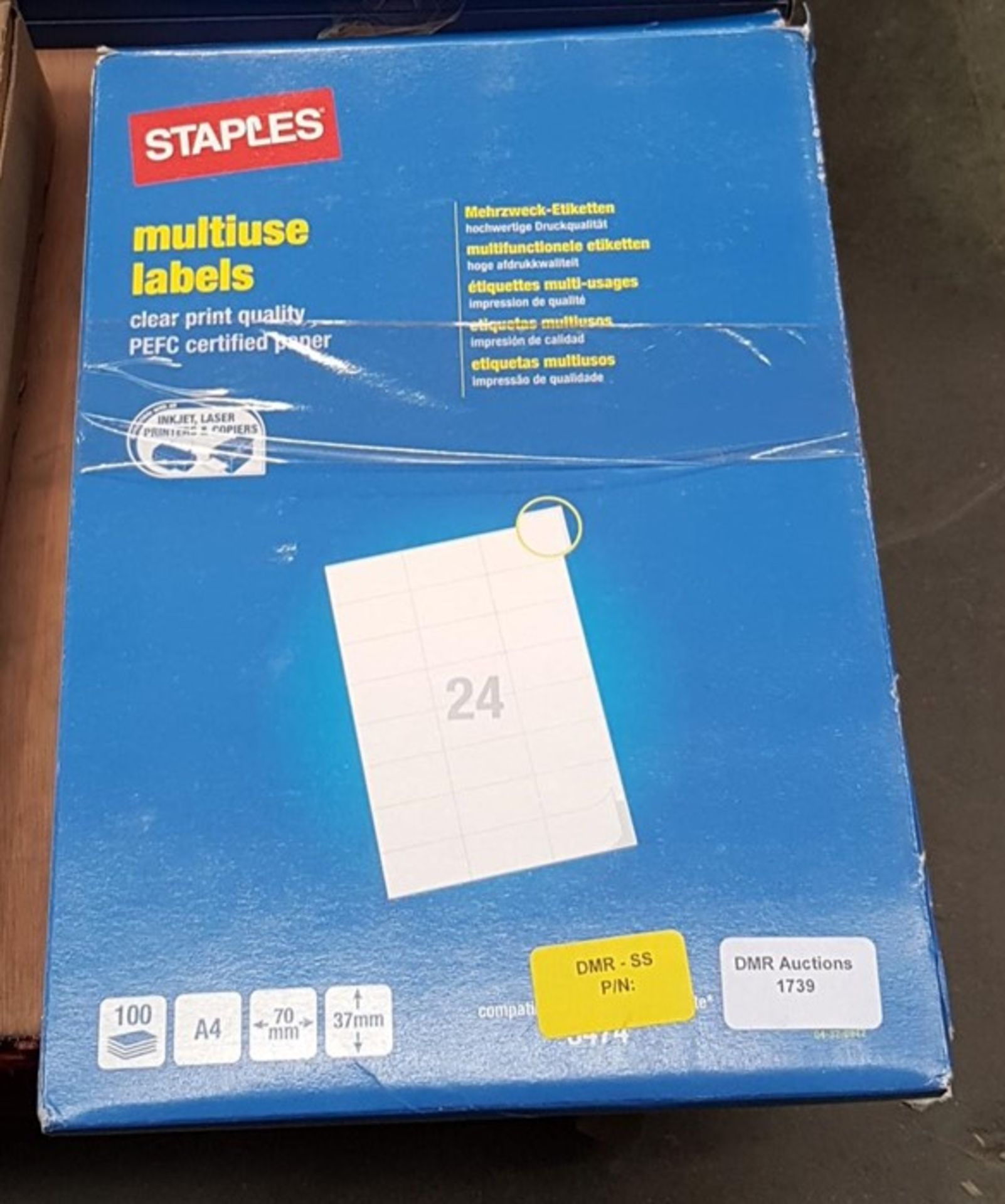 1 LOT TO CONTAIN 5 BOXES MULTIUSE LABLES - 24 PER SHEET, 100 SHEETS PER BOX - 70MM X 37MM - P/N N/