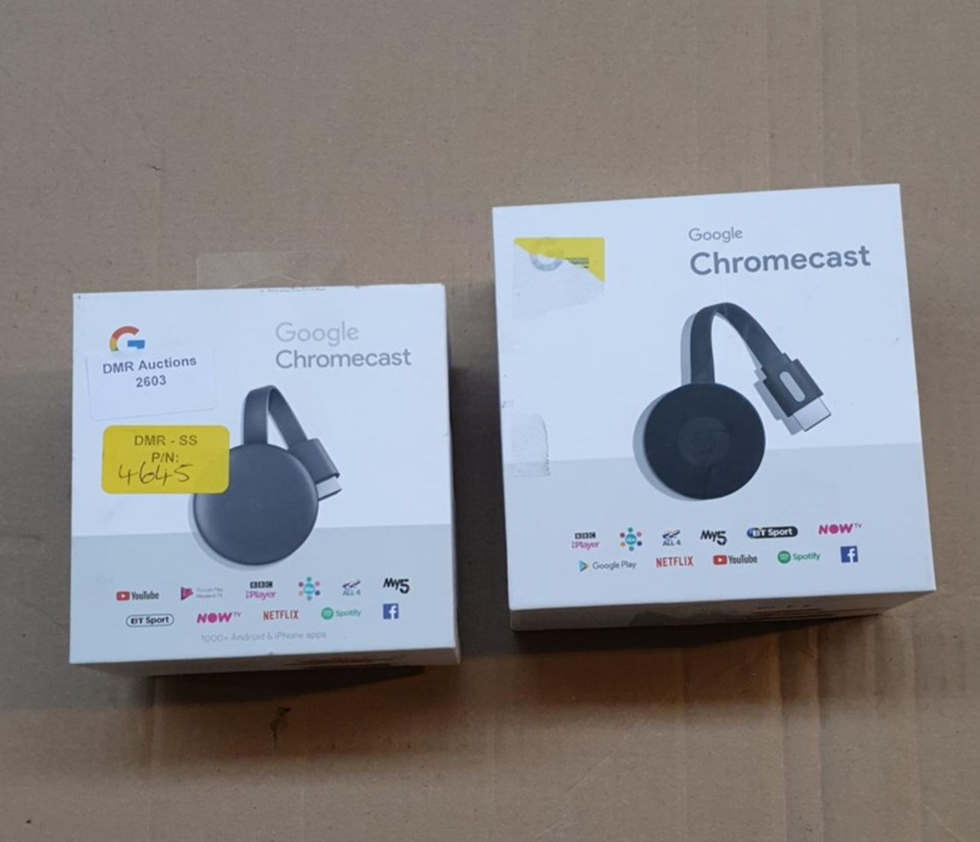 1 LOT TO CONTAIN 2 BOXED GOOGLE CHROMECAST / RRP £ 60.00 - BL -4645 (VIEWING HIGHLY RECOMMENDED)