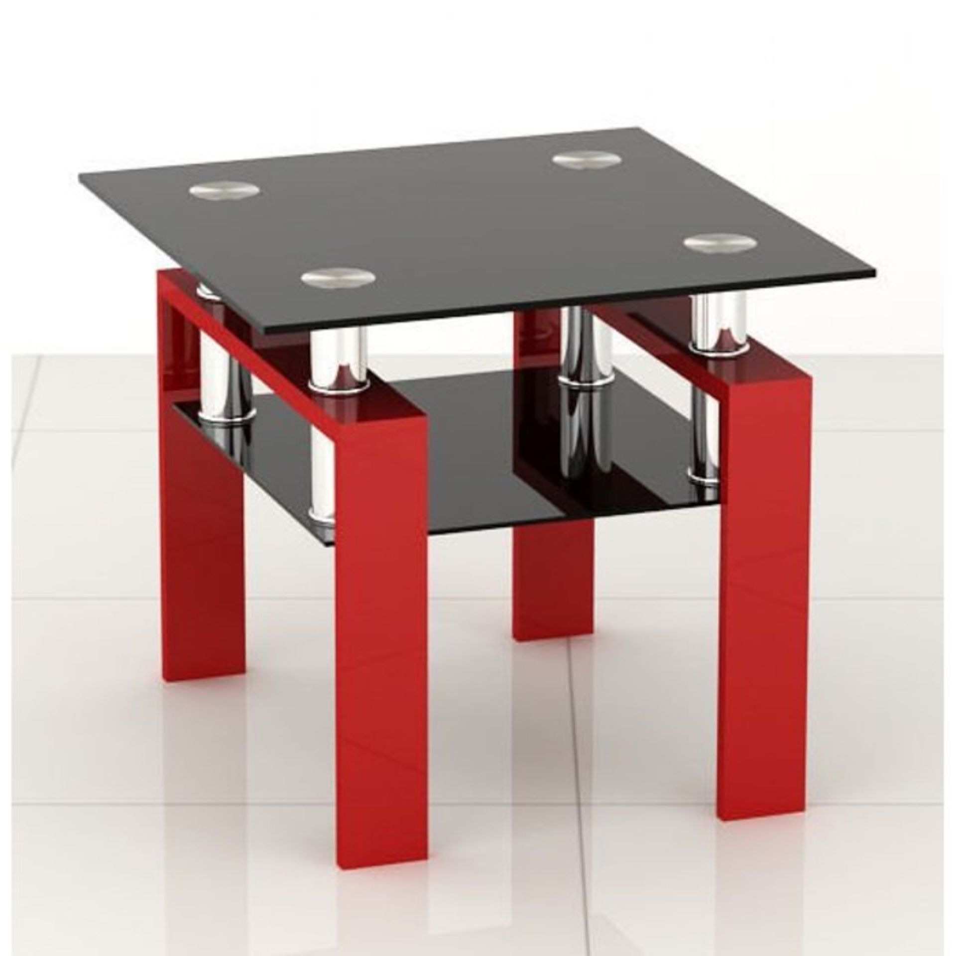 1 AS NEW BOXED COFFEE/SIDE TABLE WITH BLACK GLASS AND RED HIGH GLOSS LEGS / CTB424BLKRED