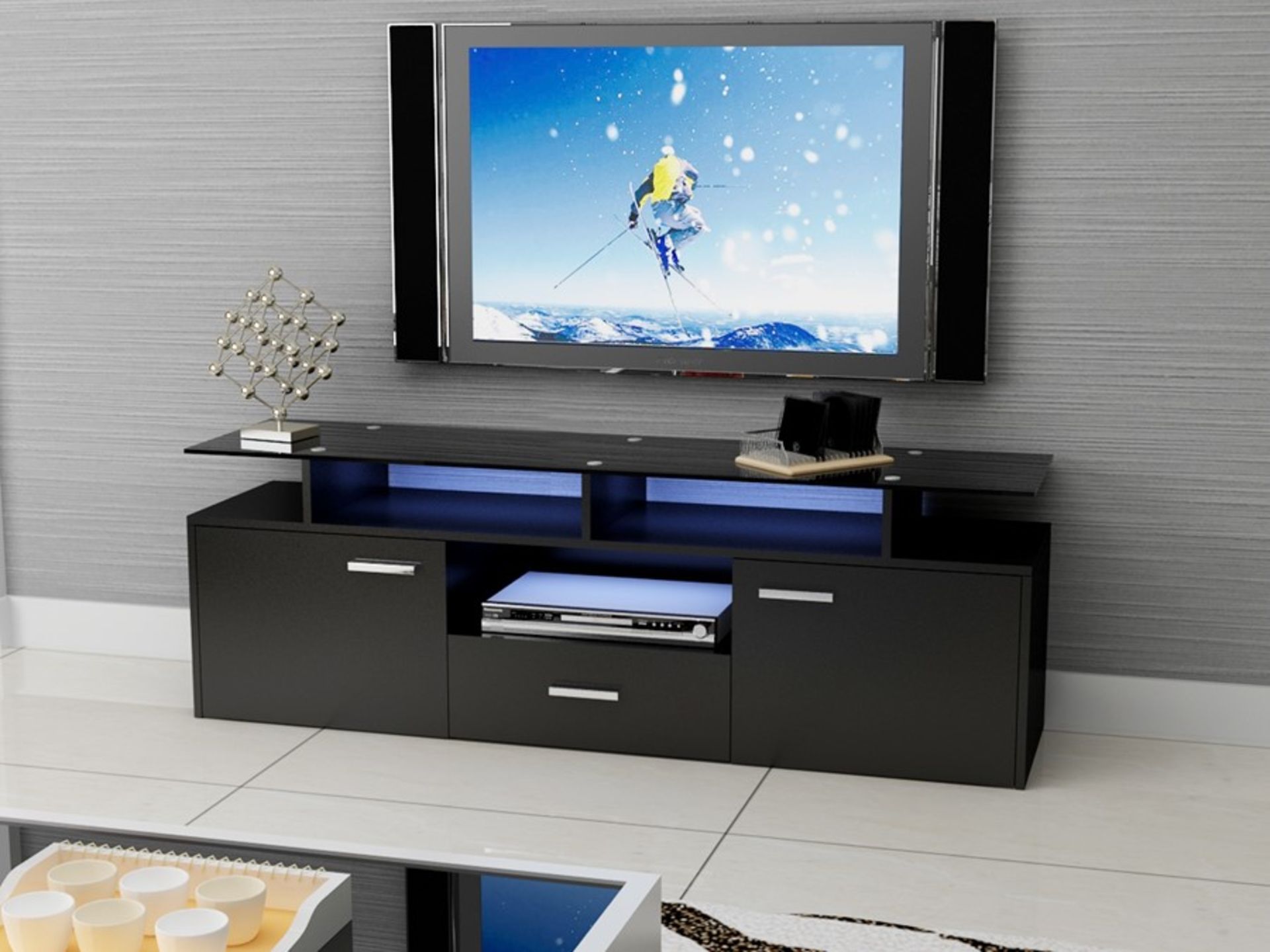 1 AS NEW BOXED WHITE TV UNIT WITH GLASS SHELF, 2 DOORS AND 1 DRAW / TVS356WHT (PLEASE NOTE THE IMAGE