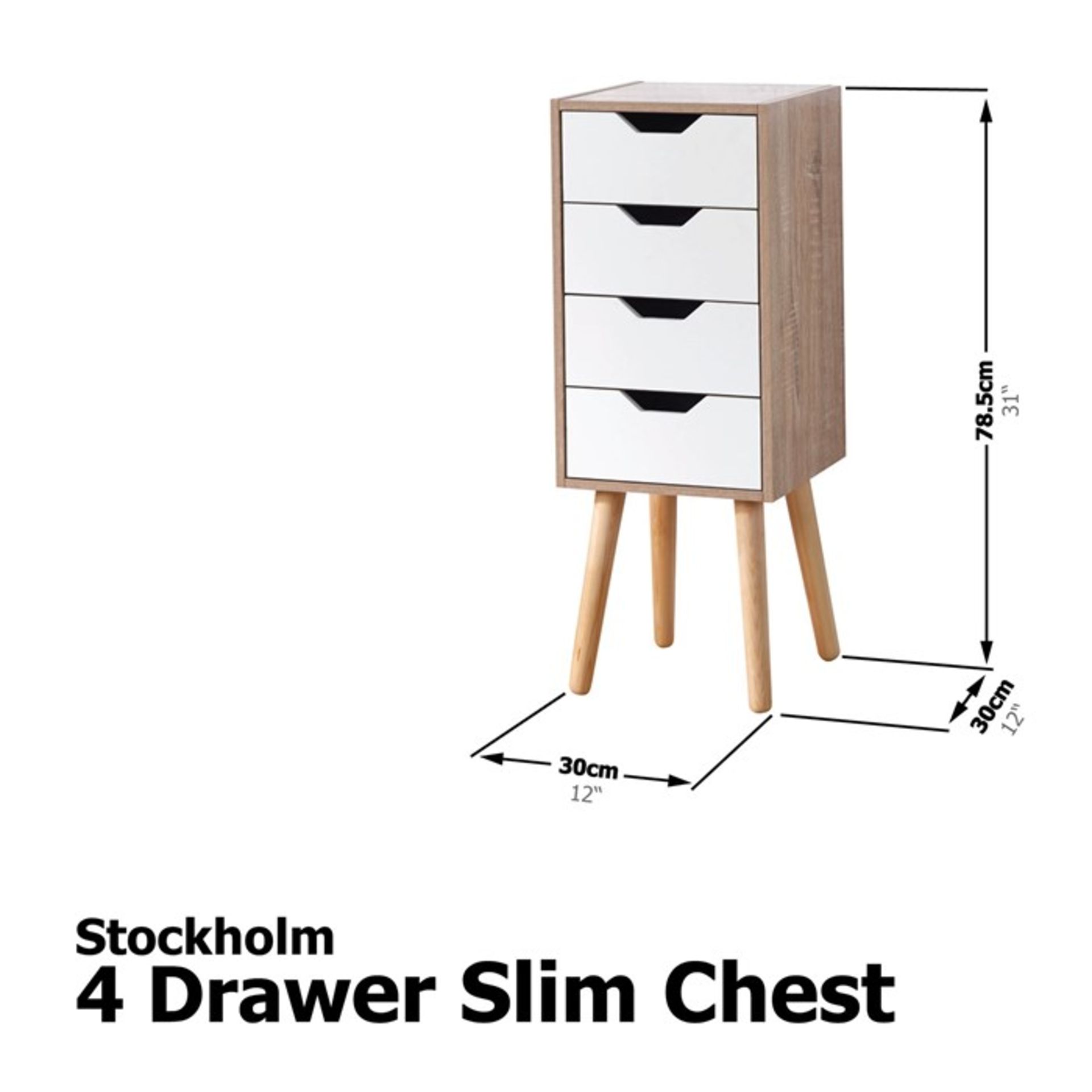 1 BOXED STOCKHOLM SLIM 4 DRAWER CHEST IN WHITE AND OAK