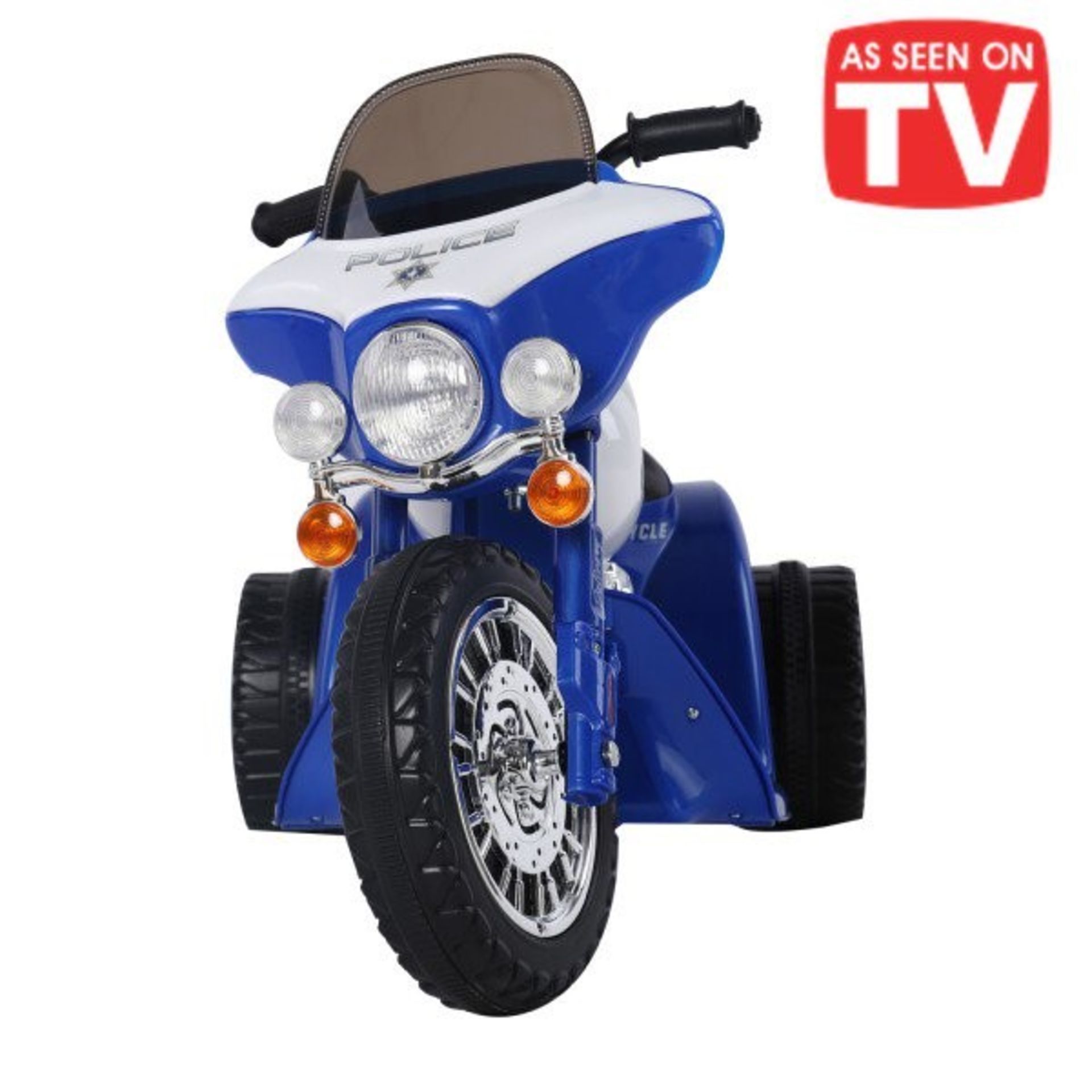 1 AS NEW BOXED CHILDRENS POLICE ELECTRIC RIDE ON TRICYCLE IN BLUE AND WHITE RRP £149.99