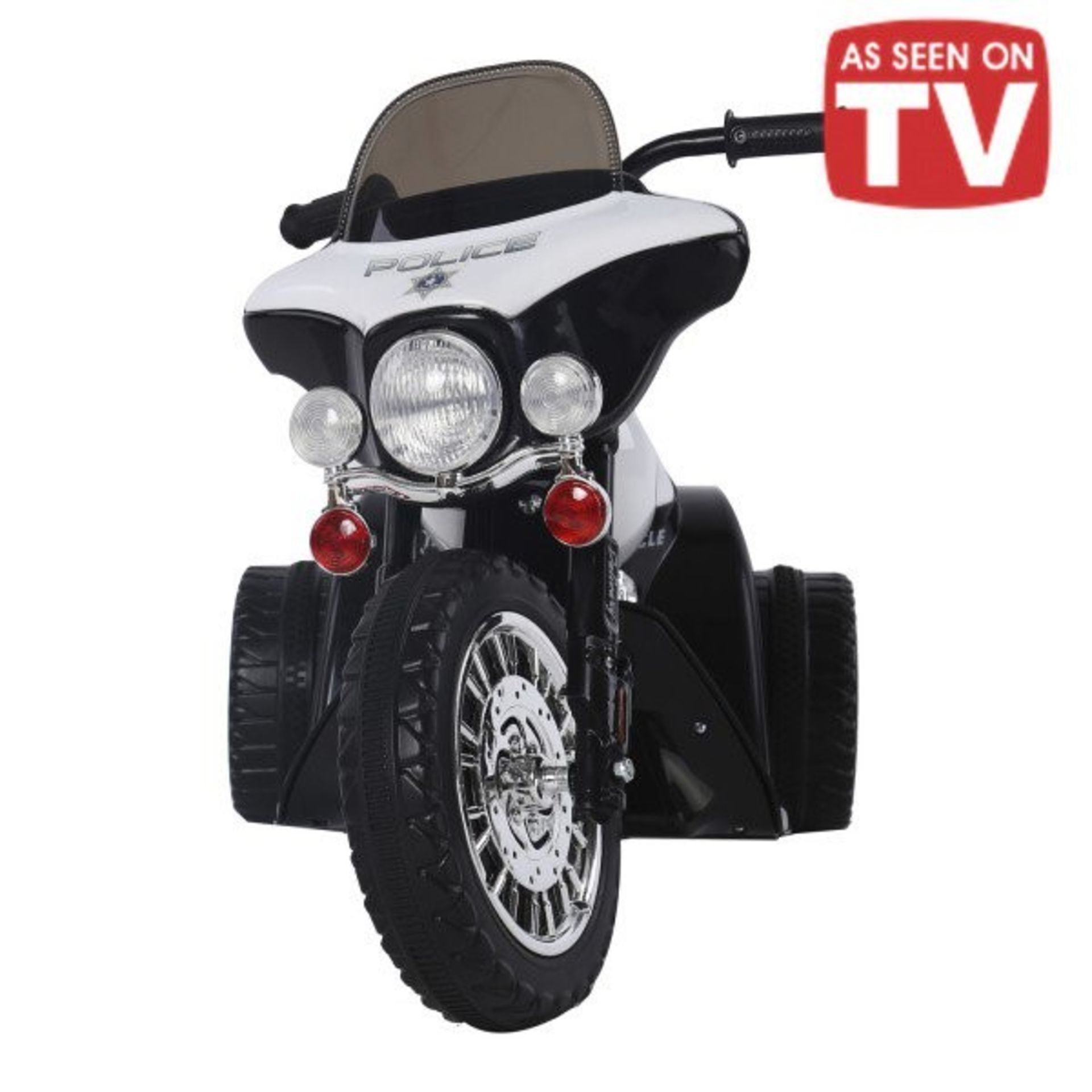 1 EX DISPLAY CHILDRENS POLICE ELECTRIC RIDE ON TRICYCLE IN BLACK AND WHITE RRP £149.99