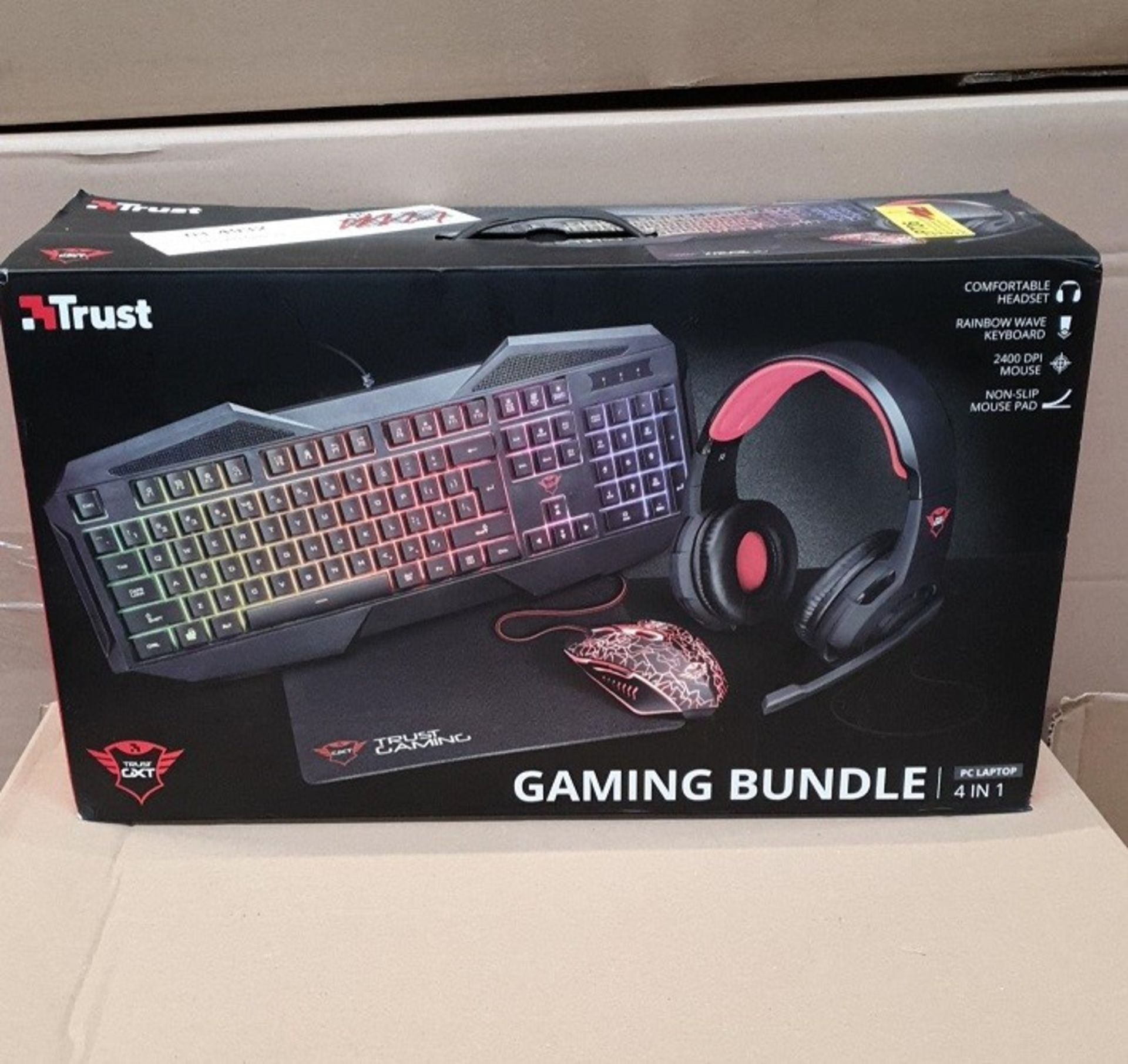 1 BOXED TRUST 4 IN 1 GAMING BUNDLE TO INCLUDE KEYBOARD, GAMING MOUSE, HEADSET AND MOUSEMAT / RRP £