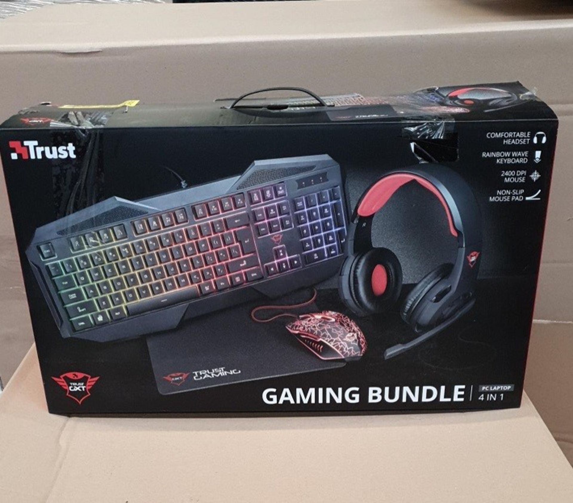 1 BOXED TRUST 4 IN 1 GAMING BUNDLE TO INCLUDE KEYBOARD, GAMING MOUSE, HEADSET AND MOUSEMAT / RRP £