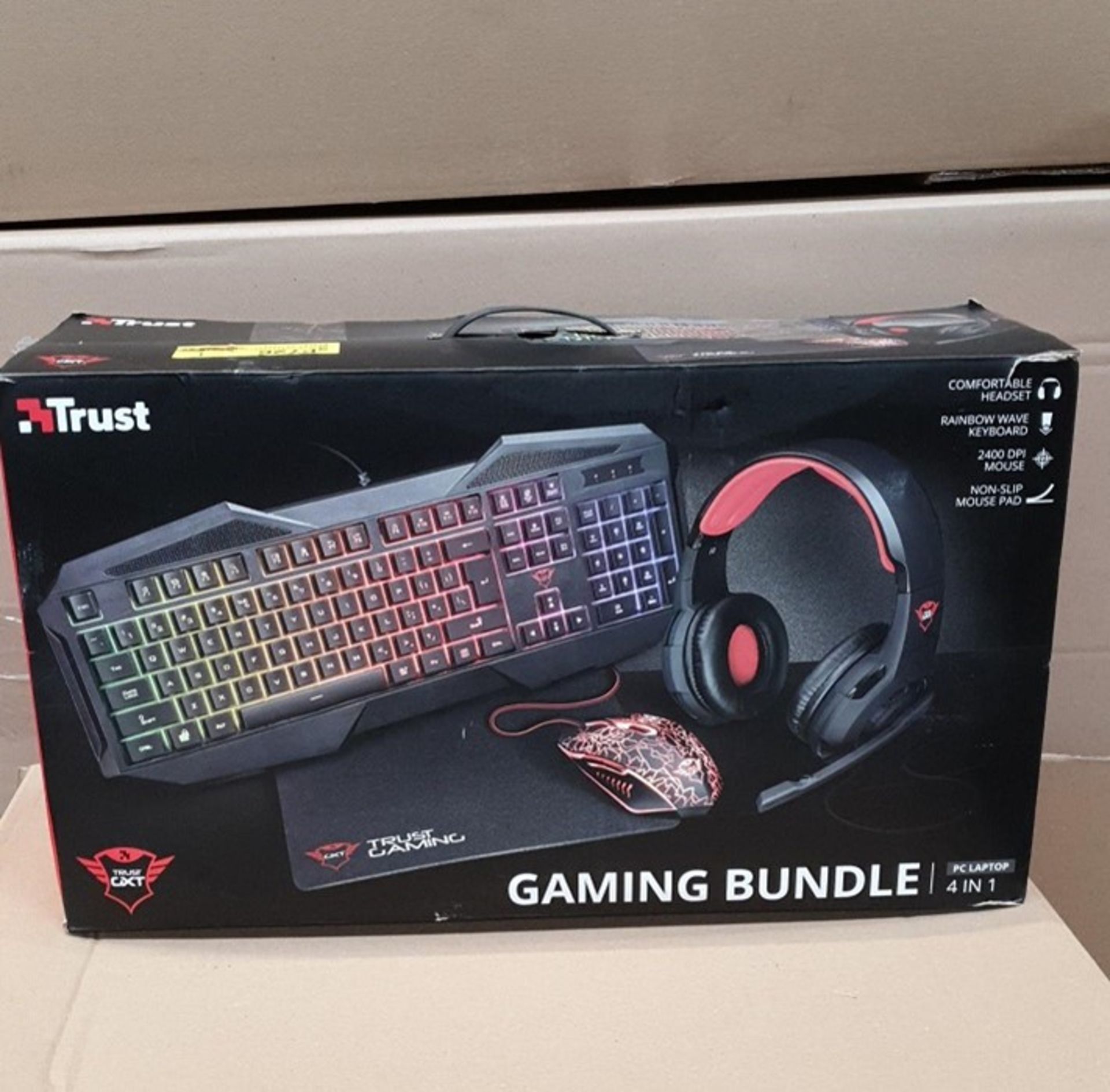 1 BOXED TRUST 4 IN 1 GAMING BUNDLE TO INCLUDE KEYBOARD, GAMING MOUSE, HEADSET AND MOUSEMAT / RRP £