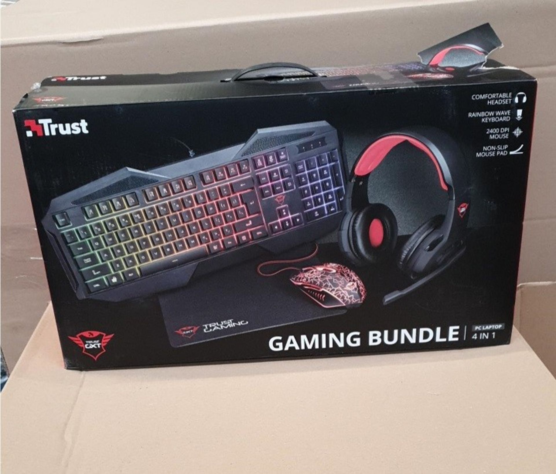 1 BOXED TRUST 4 IN 1 GAMING BUNDLE TO INCLUDE KEYBOARD, GAMING MOUSE, HEADSET AND MOUSEMAT / RRP £