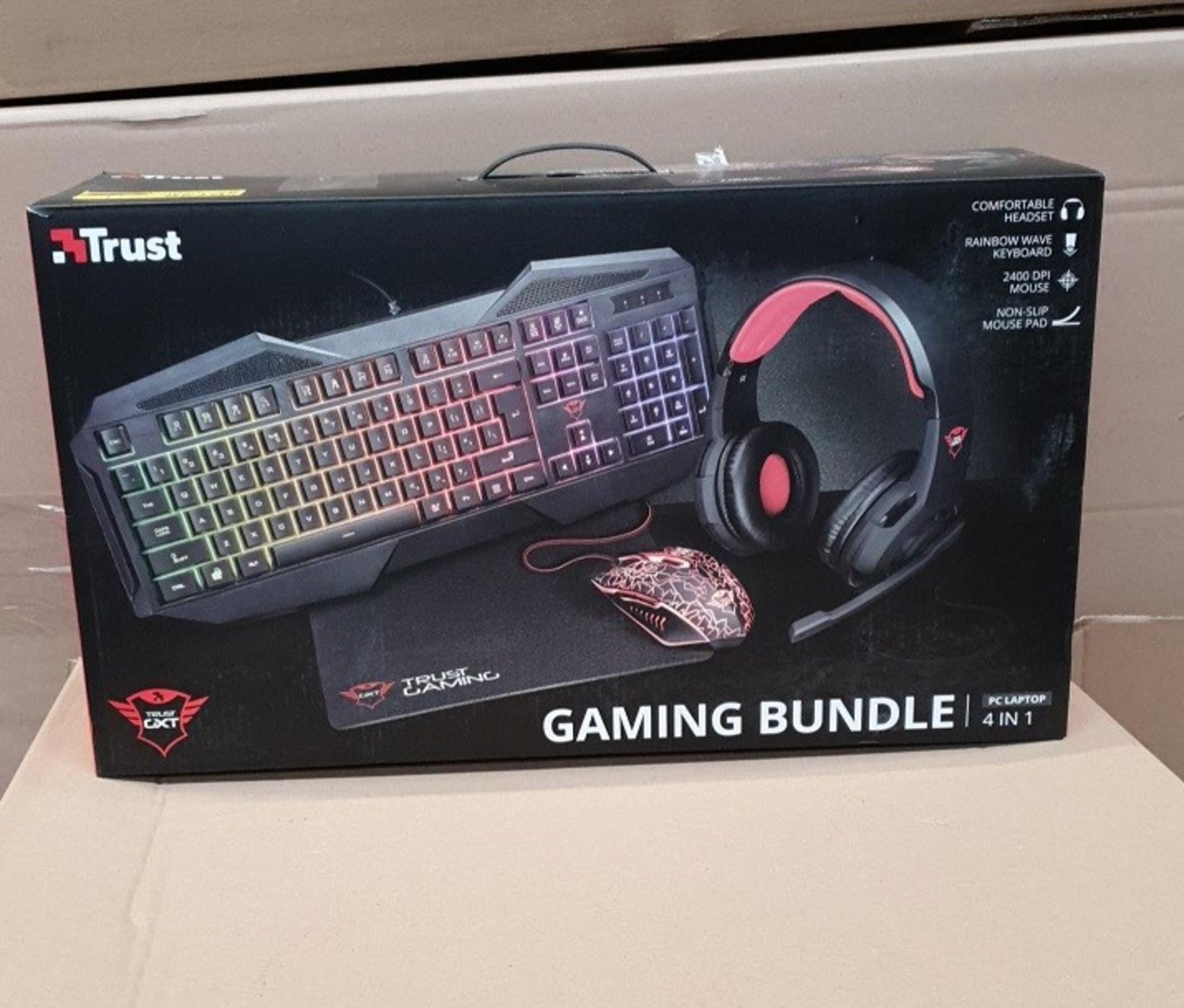 1 BOXED TRUST 4 IN 1 GAMING BUNDLE TO INCLUDE KEYBOARD, GAMING MOUSE, HEADSET AND MOUSEMAT / RRP £