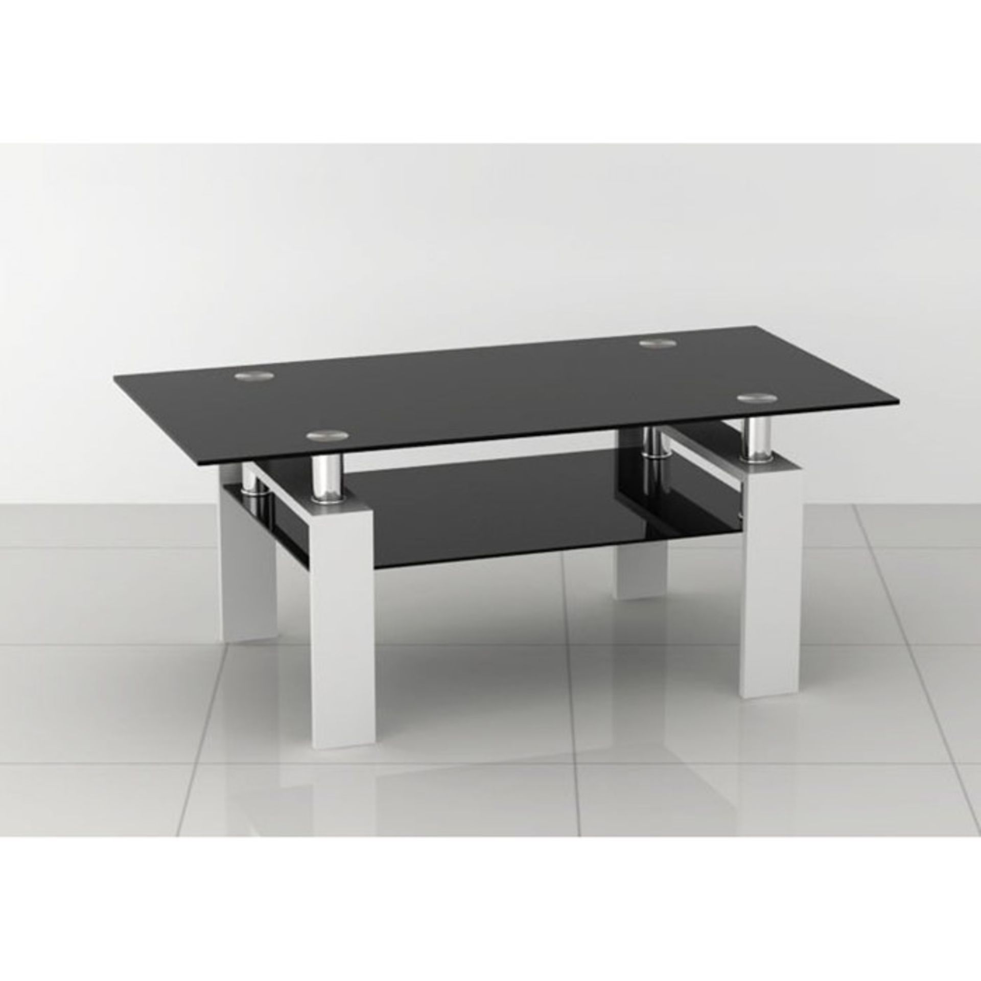 1 AS NEW BOXED 2 TIER COFFEE TABLE IN BLACK GLASS AND A WHITE BASE / CTB419BLKWHT (VIEWING HIGHLY