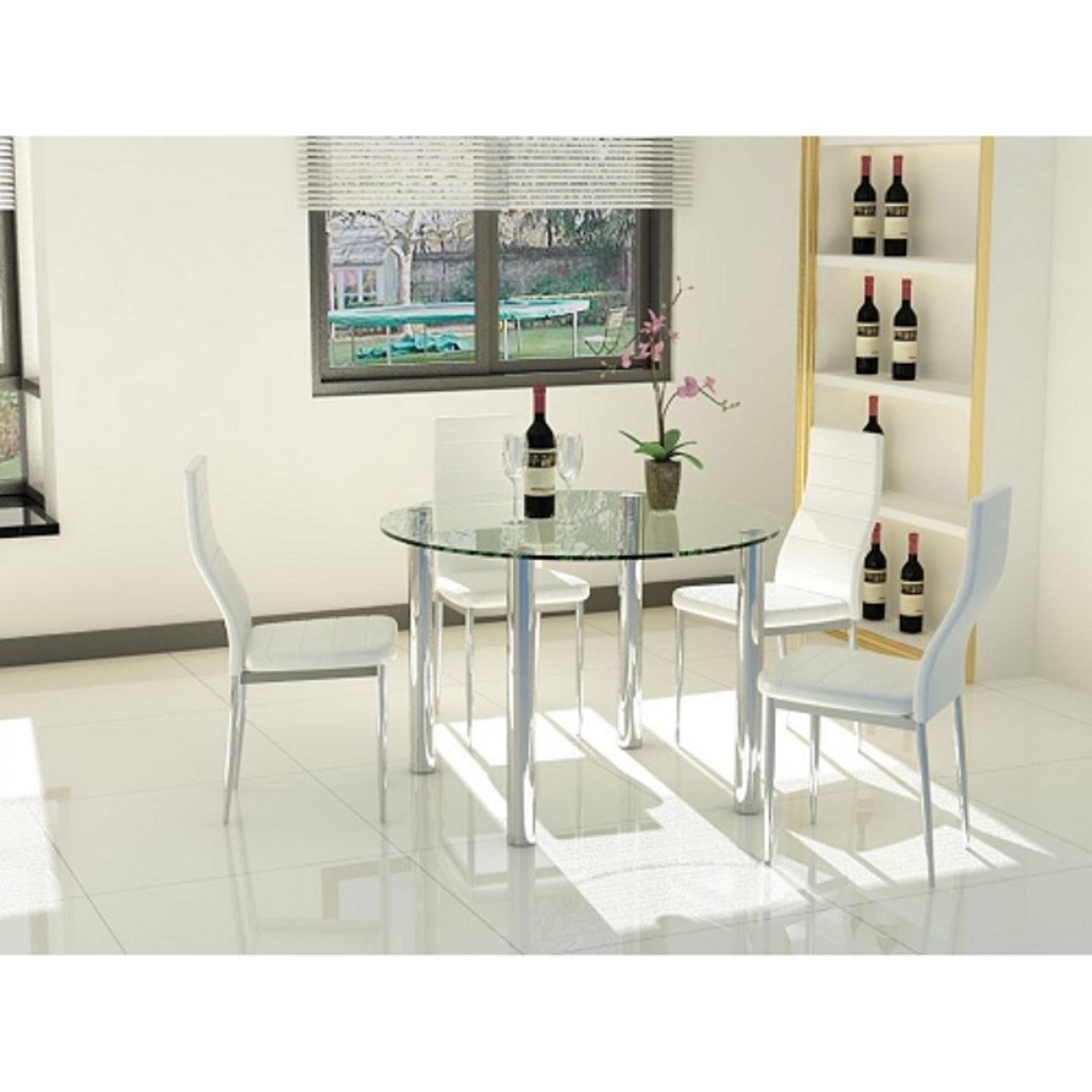 1 AS NEW BOXED ROUND 4 SEATER DINING TABLE IN CLEAR GLASS WITH CHROME LEGS / PLEASE NOTE THAT THIS