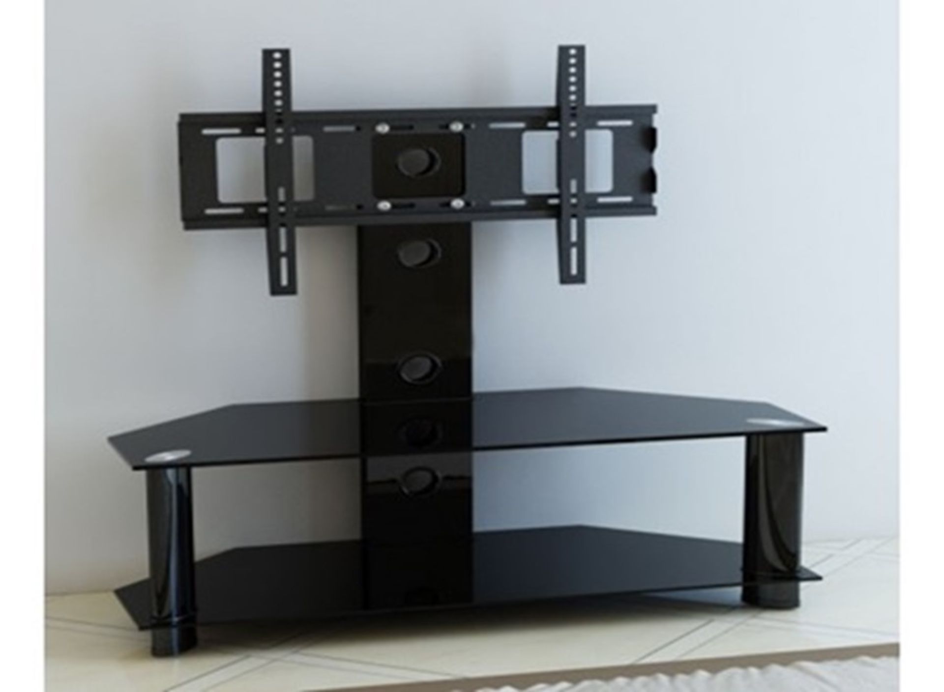 1 AS NEW BOXED MODERN 2 TIER TV STAND IN BLACK GLASS WITH AND CHROME LEGS / TVS337BLK (VIEWING