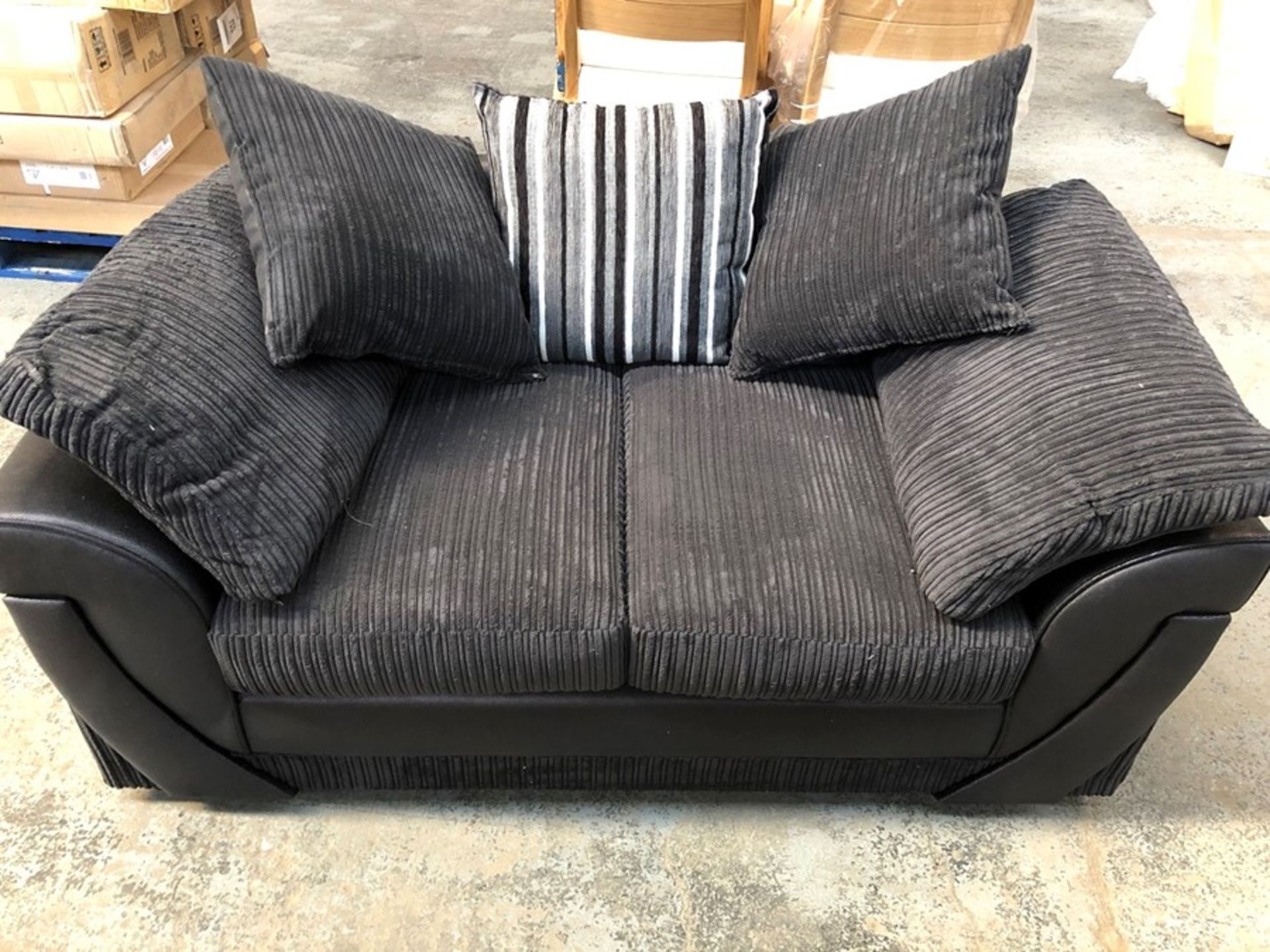 1 GRADE A 2 SEATER FAUX LEATHER AND JUMBO CORD SOFA IN BLACK / RRP £237.00 (VIEWING HIGHLY