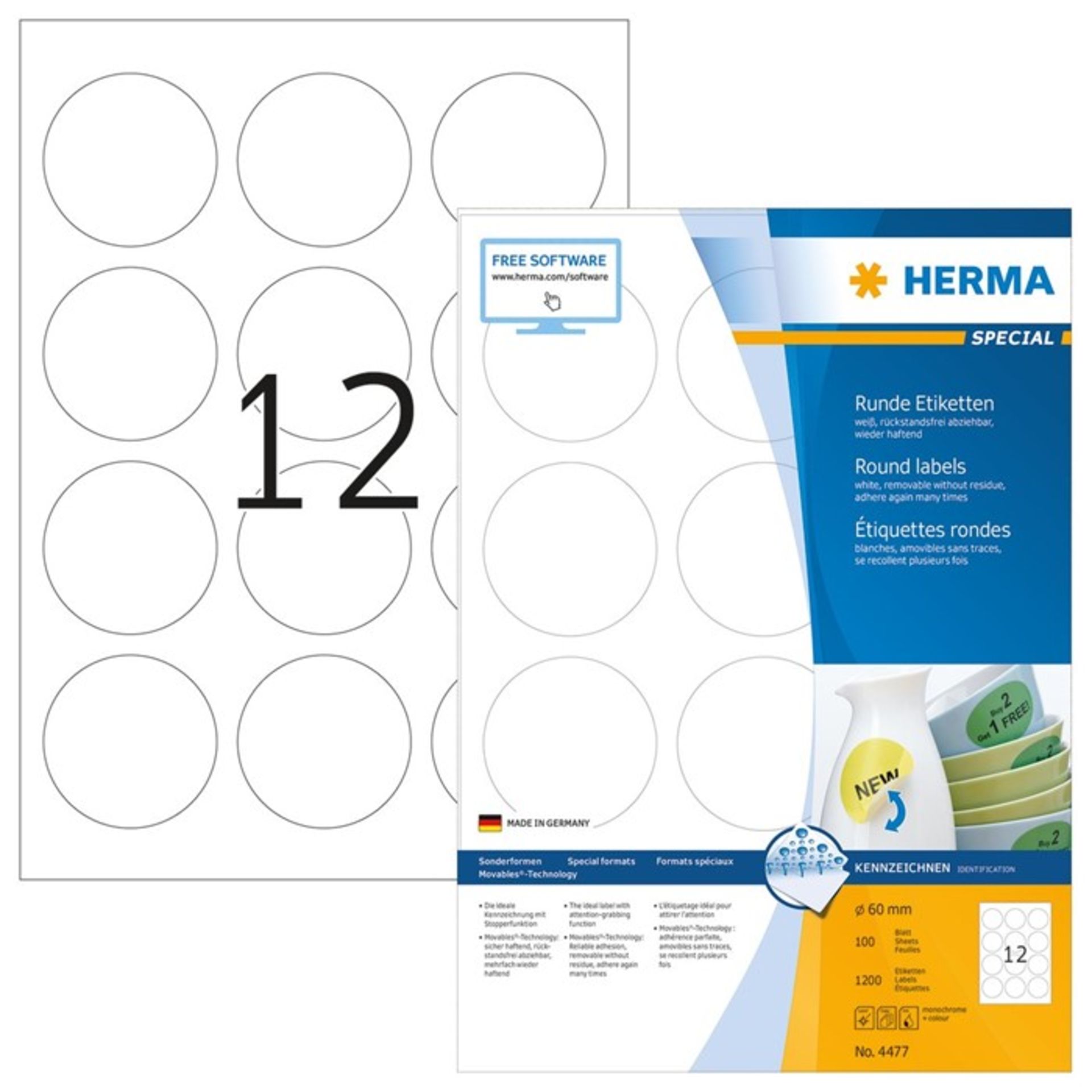 1 AS NEW BOXED HERMA REMOVABLE 60MM ROUND LABELS IN WHITE / 1200 PIECES / PN - NPN / RRP £28.90 (