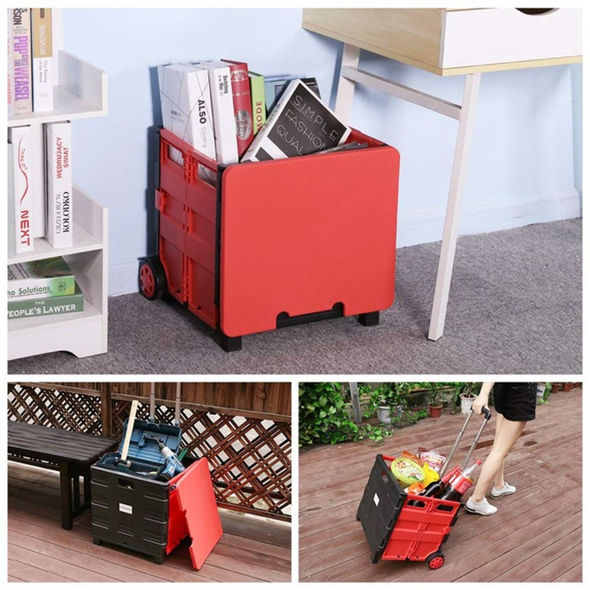 1 AS NEW 48 LITRE EXPANDING PLASTIC STORAGE TROLLEY IN RED AND BLACK WITH **NO LID** / PN - NPN /