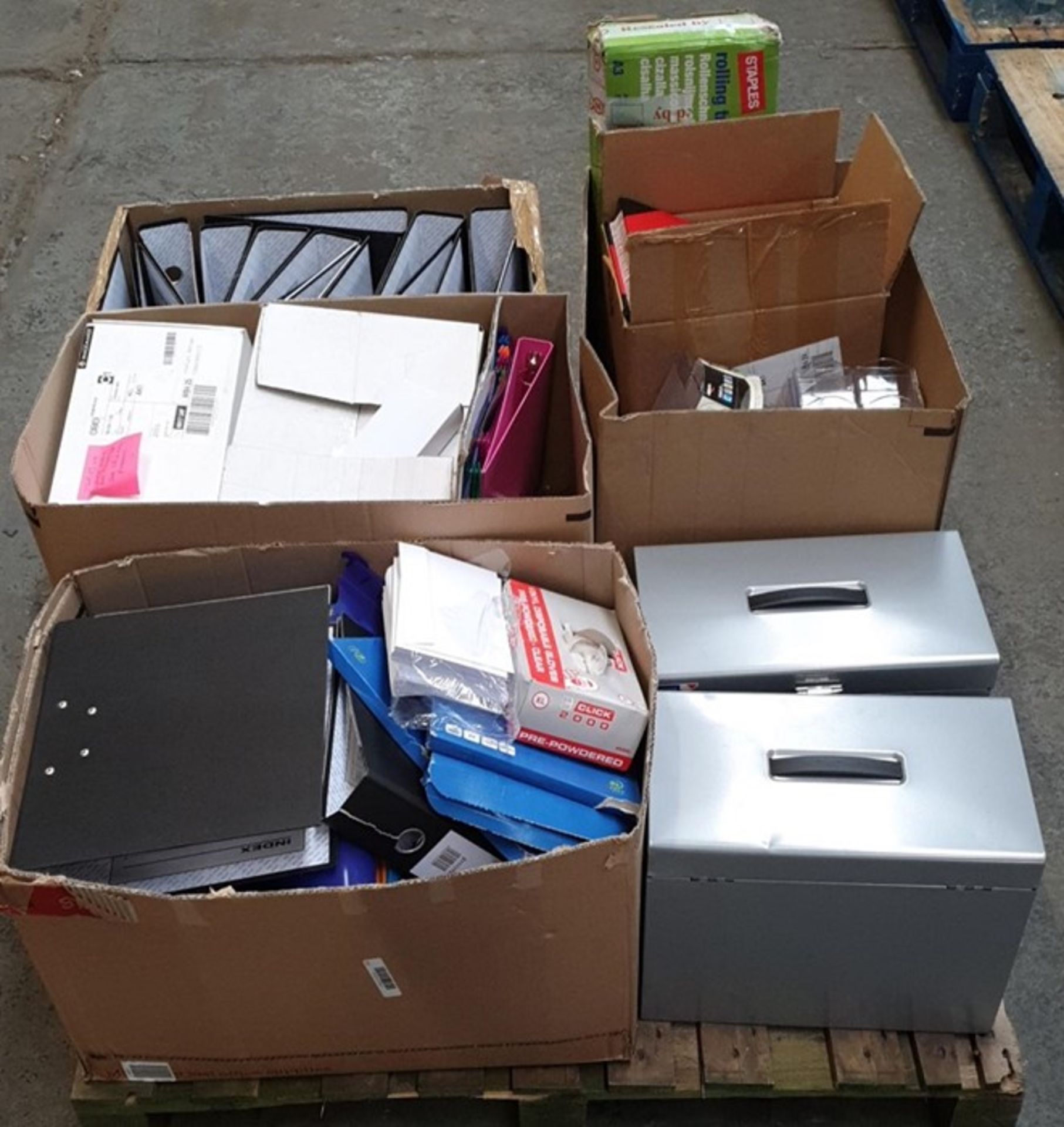 1 LOT TO CONTAIN VARIOUS OFFICE STATIONARY INCLUDING A4 FILING BOXES, RING BINDERS, DESK ORGANISERS,