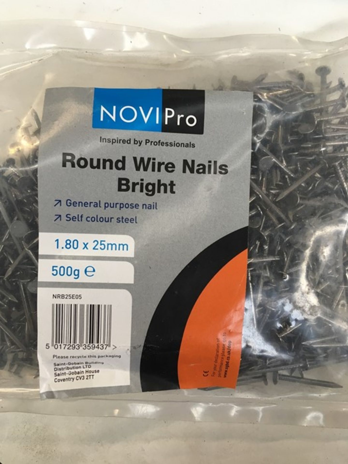 1 BAGGED SET OF NOVIPRO ROUND WIRE NAILS BRIGHT / WEIGHT 500G / SIZE 1.80 X 25MM / PN - 624 (
