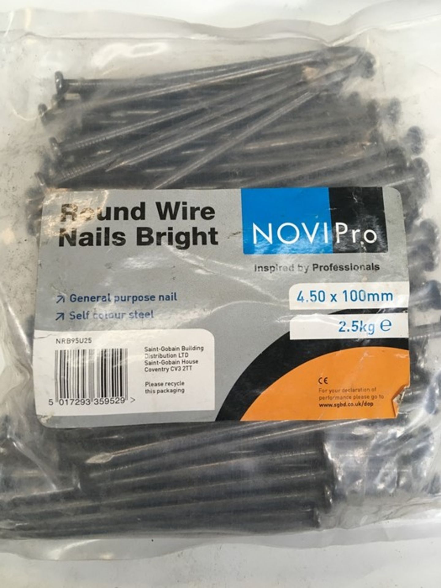 1 BAGGED SET OF NOVIPRO ROUND WIRE NAILS BRIGHT / WEIGHT 2.5KG / SIZE 4.50 X 100MM / PN - 624 (