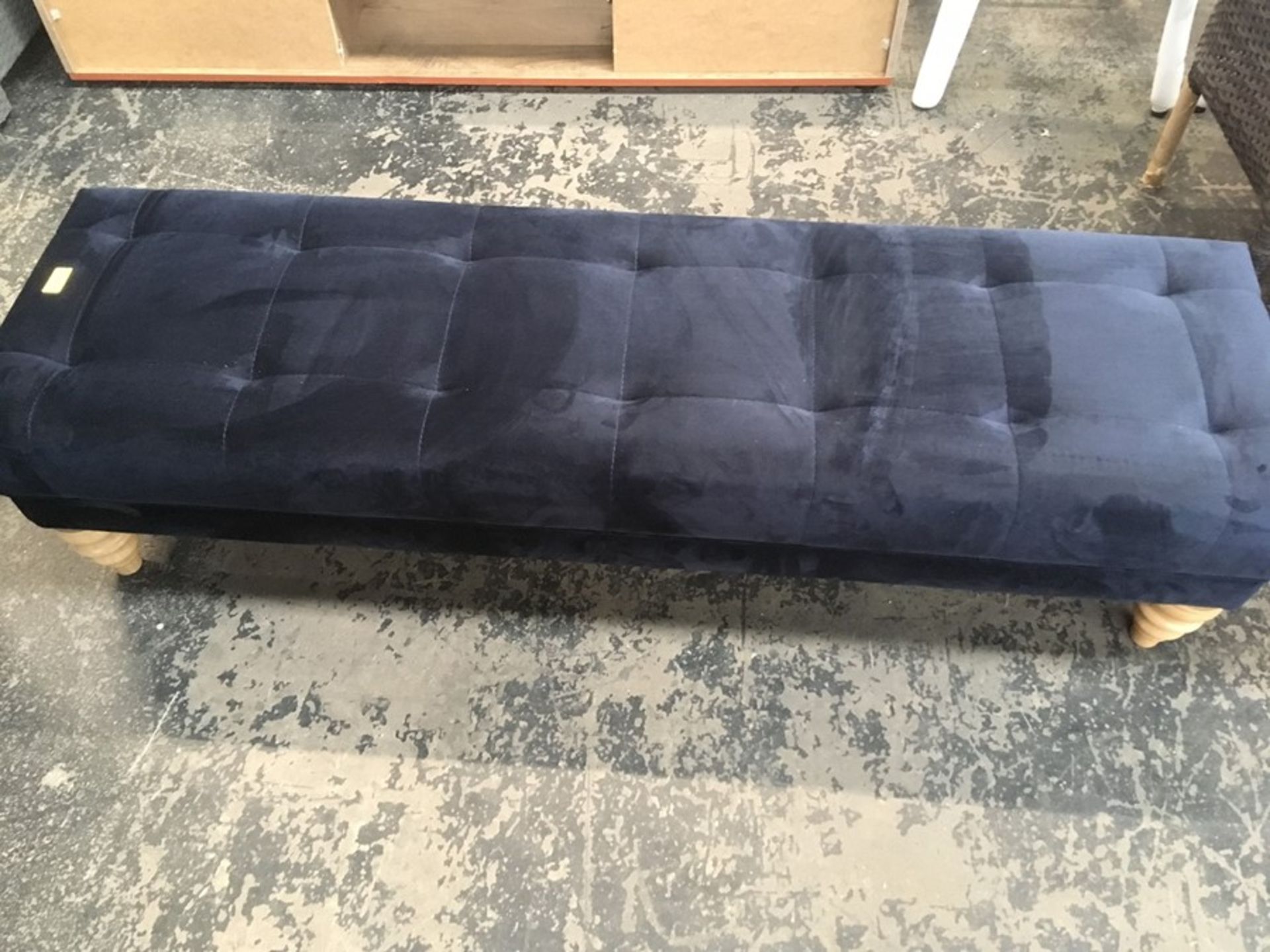 1 VELVET 4 LEGGED LONG FOOT STOOL / COLOUR: NAVY BLUE TOP, LIGHT OAK LEGS / RRP £189.00