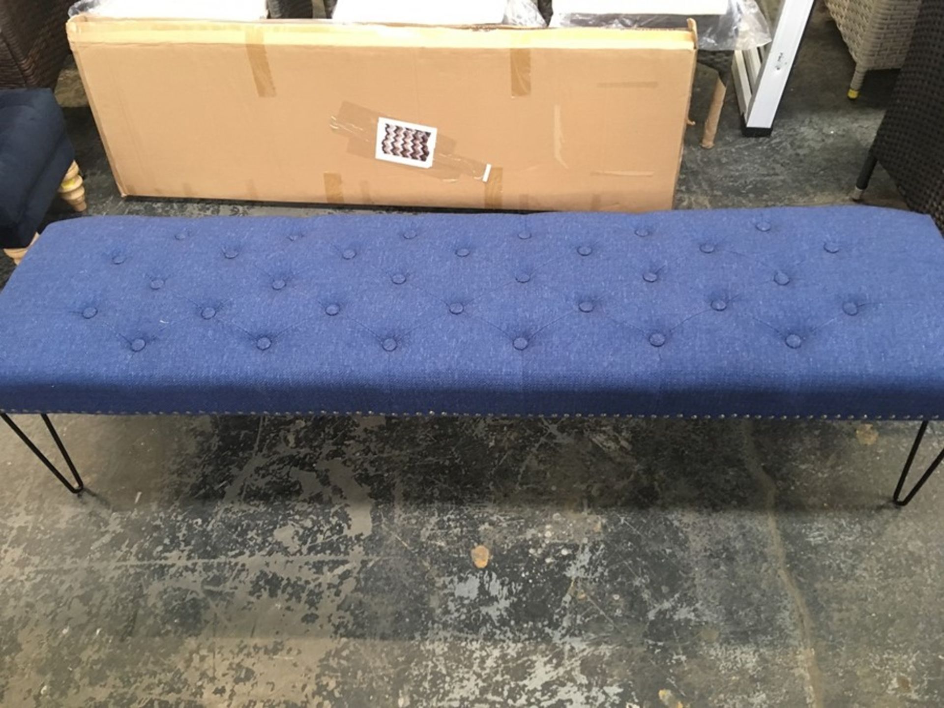 1 CANVAS 4 LEGGED LONG FOOT STOOL / COLOUR: BLUE TOP, BLACK METAL LEGS / RRP £189.00