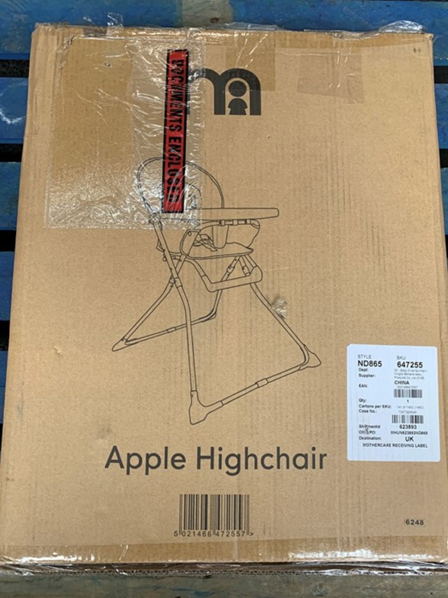 1 BOXED HIGH CHAIR WITH RED APPLE DESIGN / RRP £80.00 (PUBLIC VIEWING AVAILABLE)