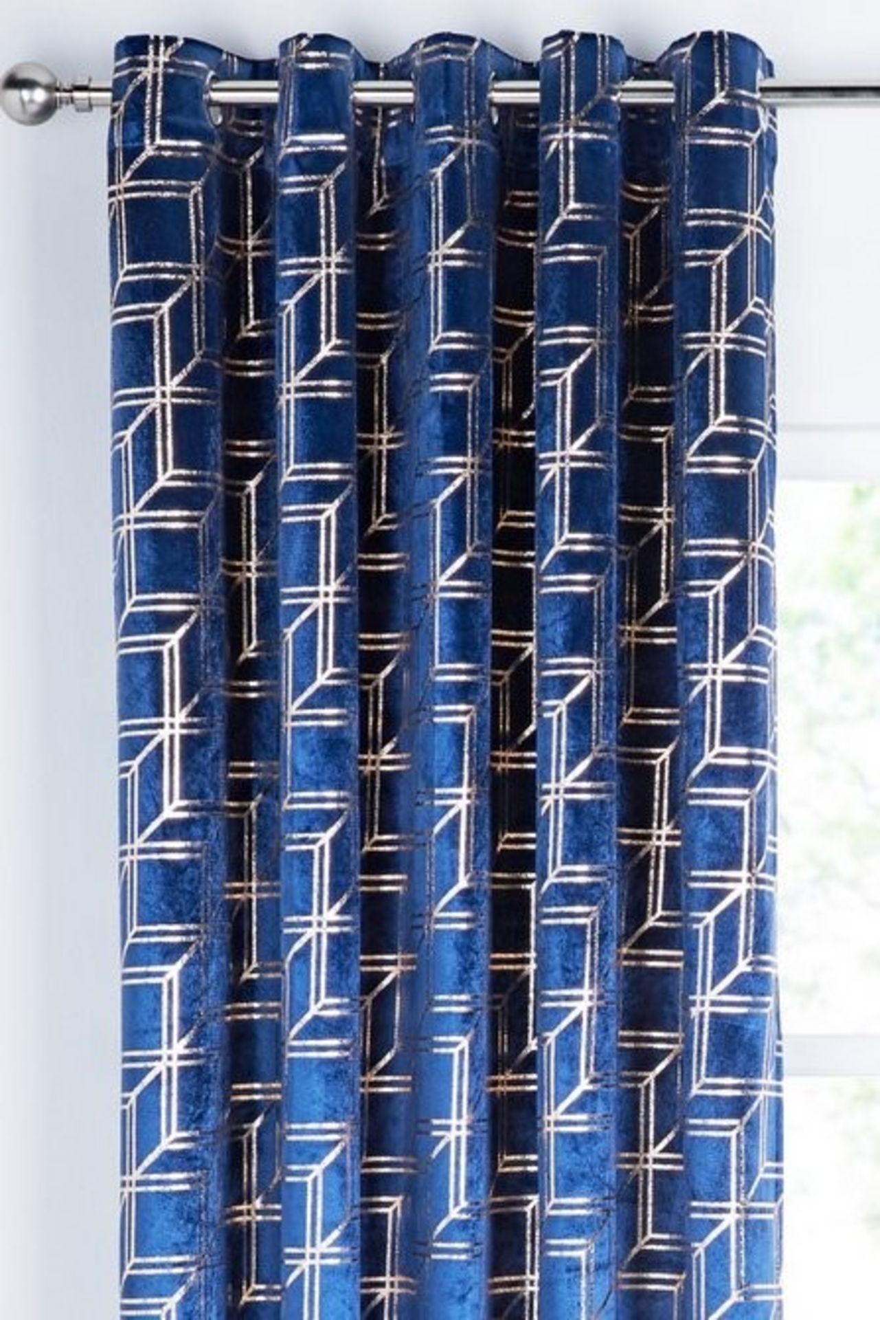 1 AS NEW BAGGED PAIR OF METALLIC CUBES EYELET CURTAINS IN BLUE / 46" X 54" (PUBLIC VIEWING