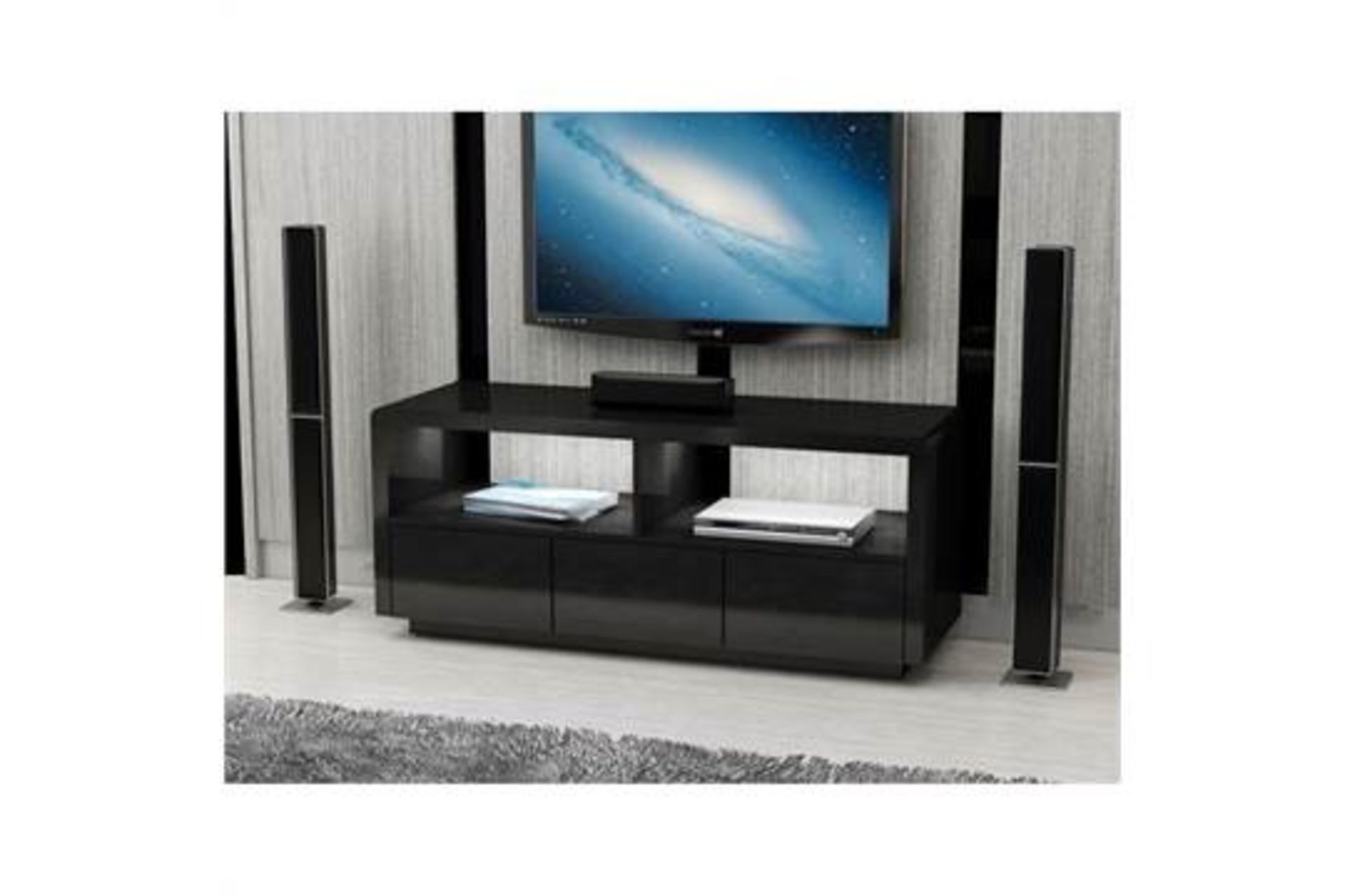 1 AS NEW BOXED BLACK GLOSS TV UNIT WITH 3 DRAWERS AND WHITE LED PACK - TVS355BLK (PUBLIC VIEWING