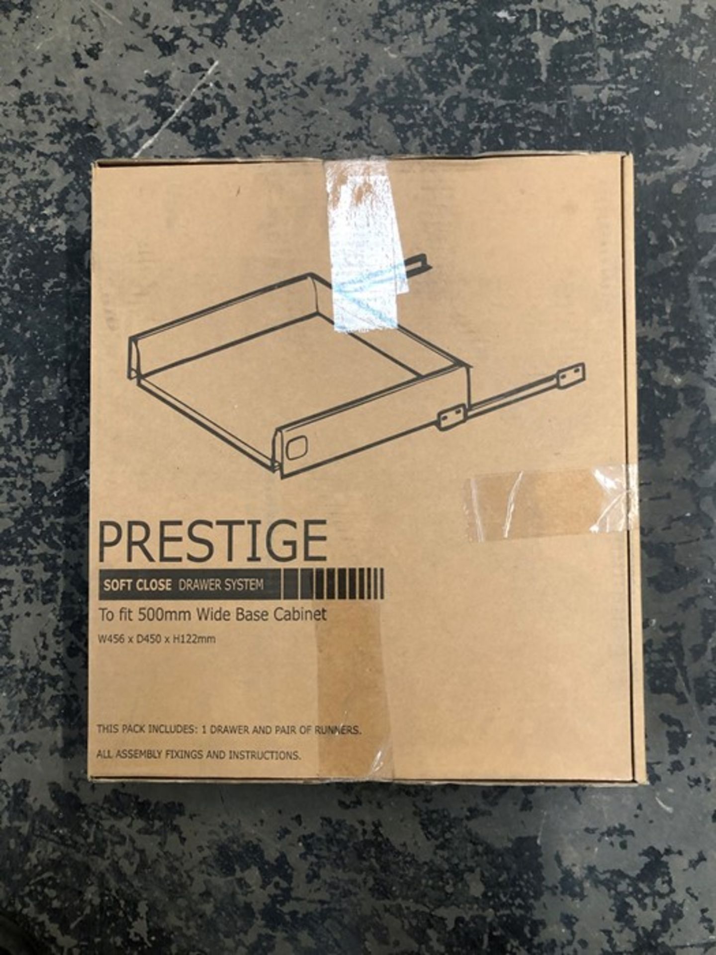 1 BOXED PRESTIGE SOFT CLOSE DRAWER SYSTEM TO FIT 500MM WIDE BASE CABINET / SIZE W456 X D450 X H122MM