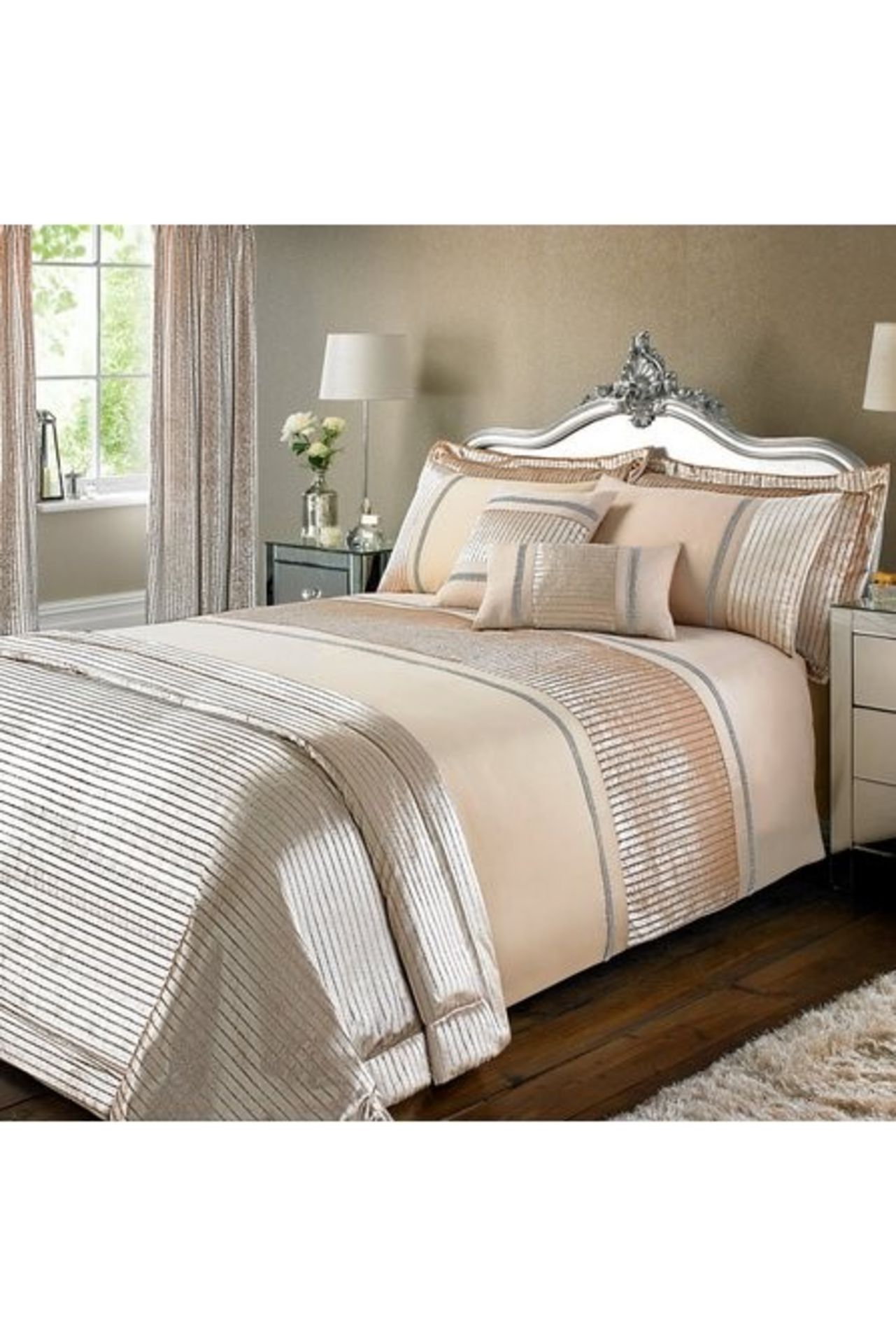 1 NEW AS BAGGED VELVET GLITTER STRIPE BEDROOM ENSEMBLE IN CHAMPAGNE / KING SIZE (PUBLIC VIEWING