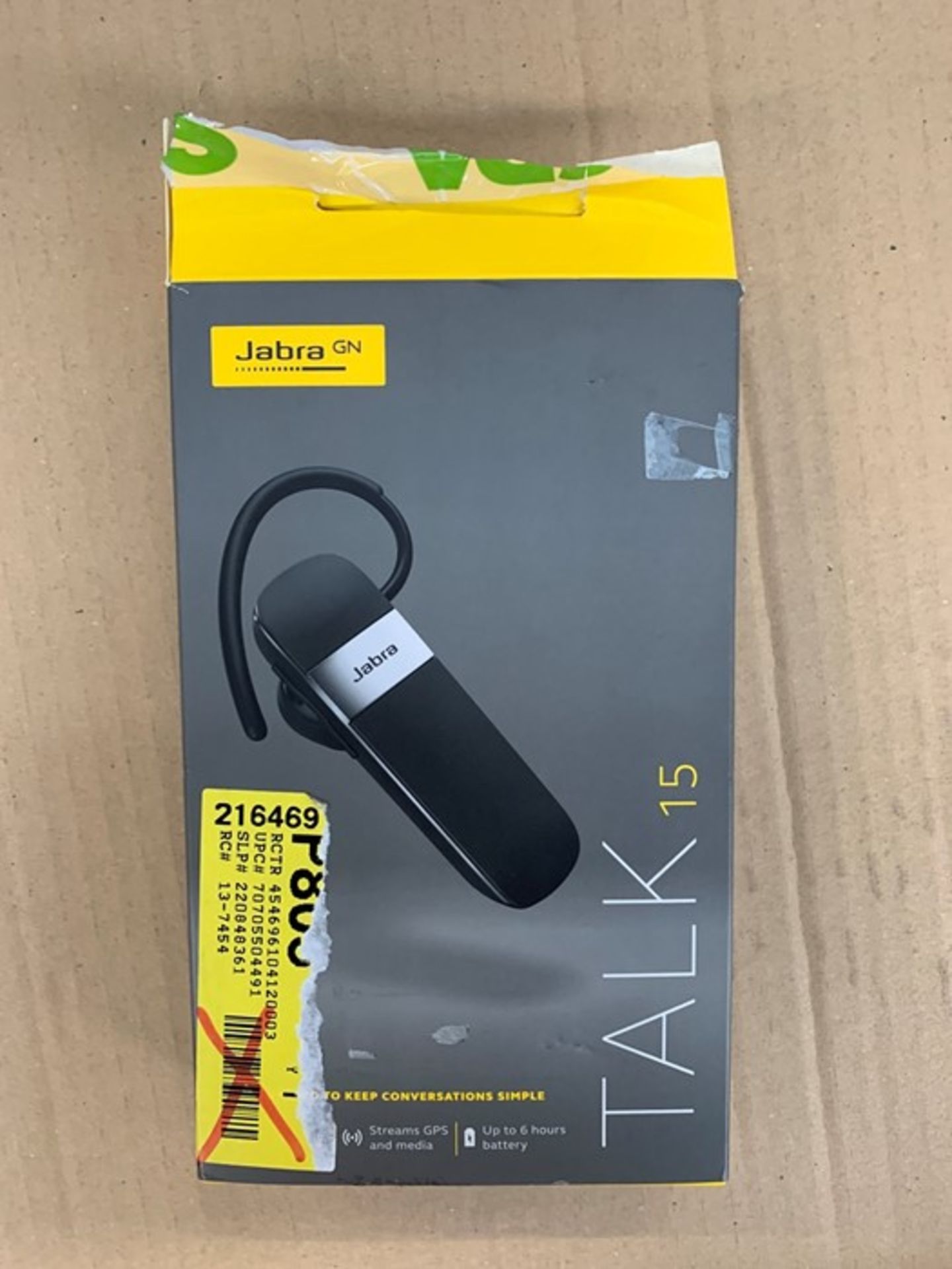 1 BOXED JABRA TALK 15 BLUETOOTH IN CAR HEADSET IN BLACK / BL - 6469 (PUBLIC VIEWING AVAILABLE)