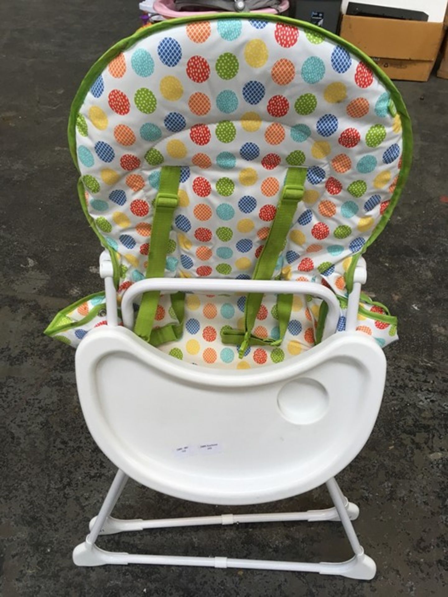 1 MOTHERCARE HIGH CHAIR WITH MULTI-COLOURED DOTS / RRP £55.00 (PUBLIC VIEWING AVAILABLE)