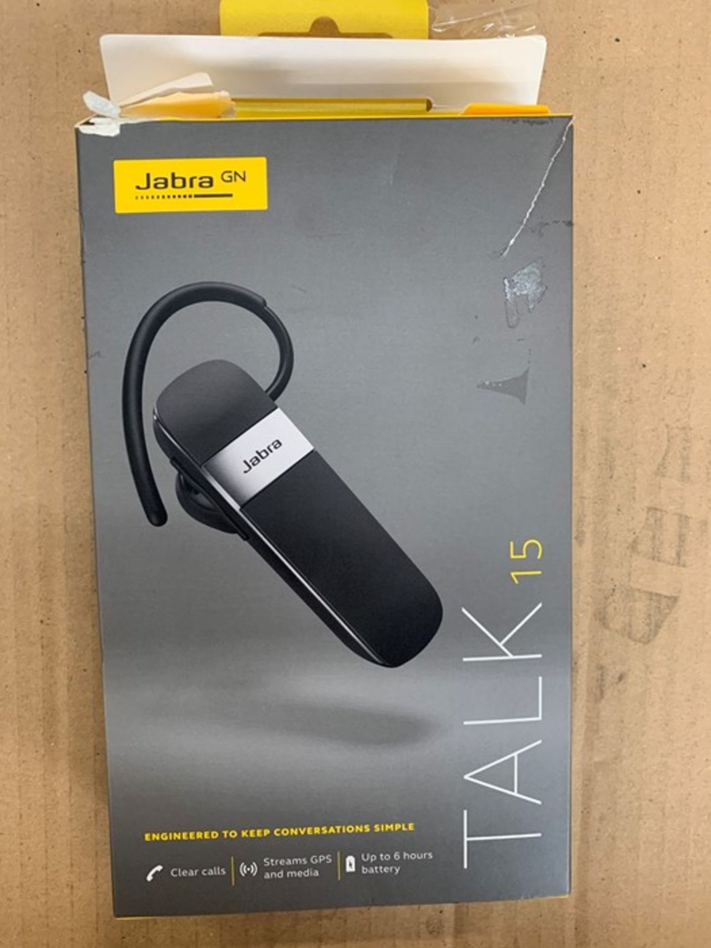 1 BOXED JABRA TALK 15 BLUETOOTH IN CAR HEADSET IN BLACK / BL - 6469 (PUBLIC VIEWING AVAILABLE)