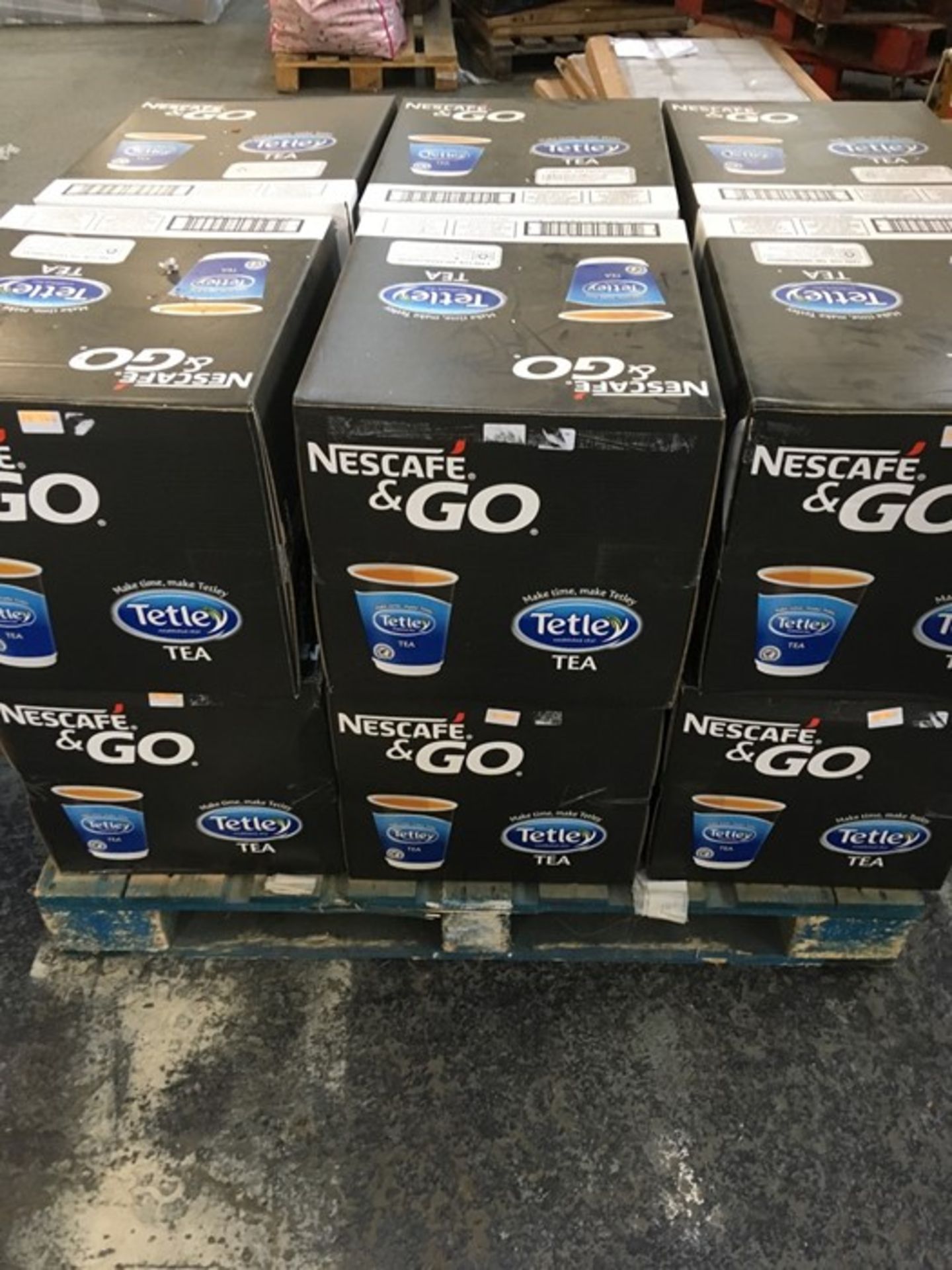 1 LOT TO CONTAIN 12 LARGE BOXES OF NESCAFE AND GO TETLEY TEA WITH CUPS / BEST BEFORE (04/19) /